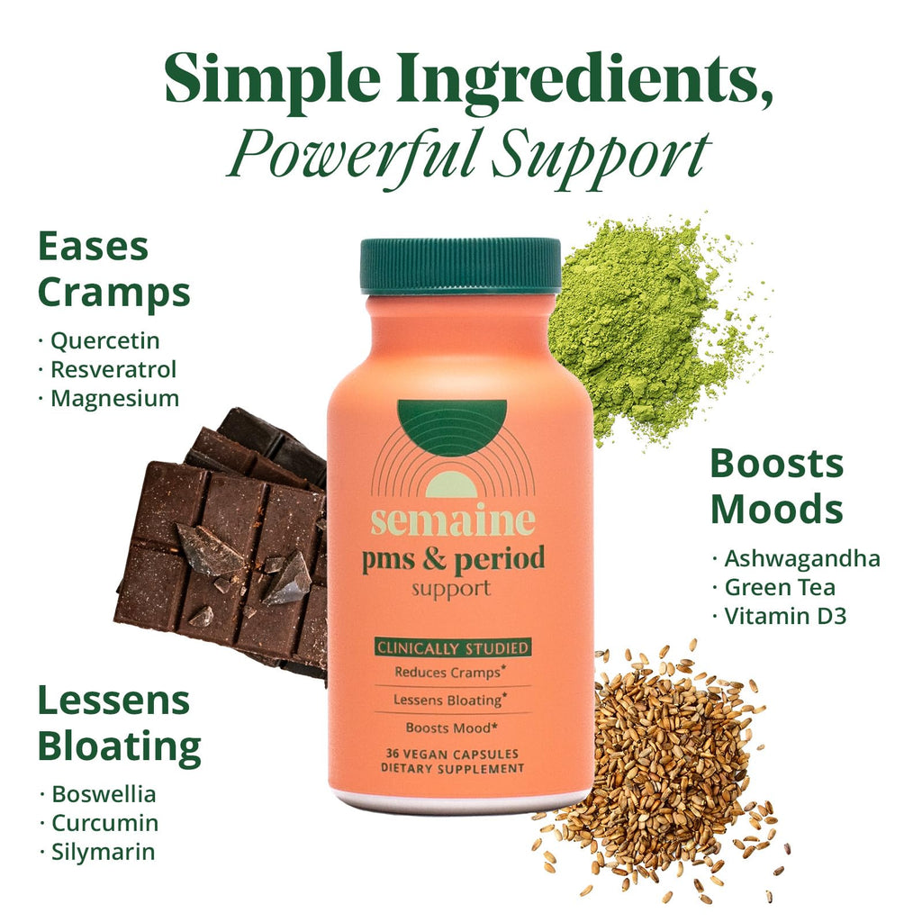 PMS & Period Relief - Menstrual Cramp Relief: No More Period Cramps, Mood Swings, or Bloating. PMS Supplement for Happy Hormones and Period Relief. (40 Count) Semaine Au supplements