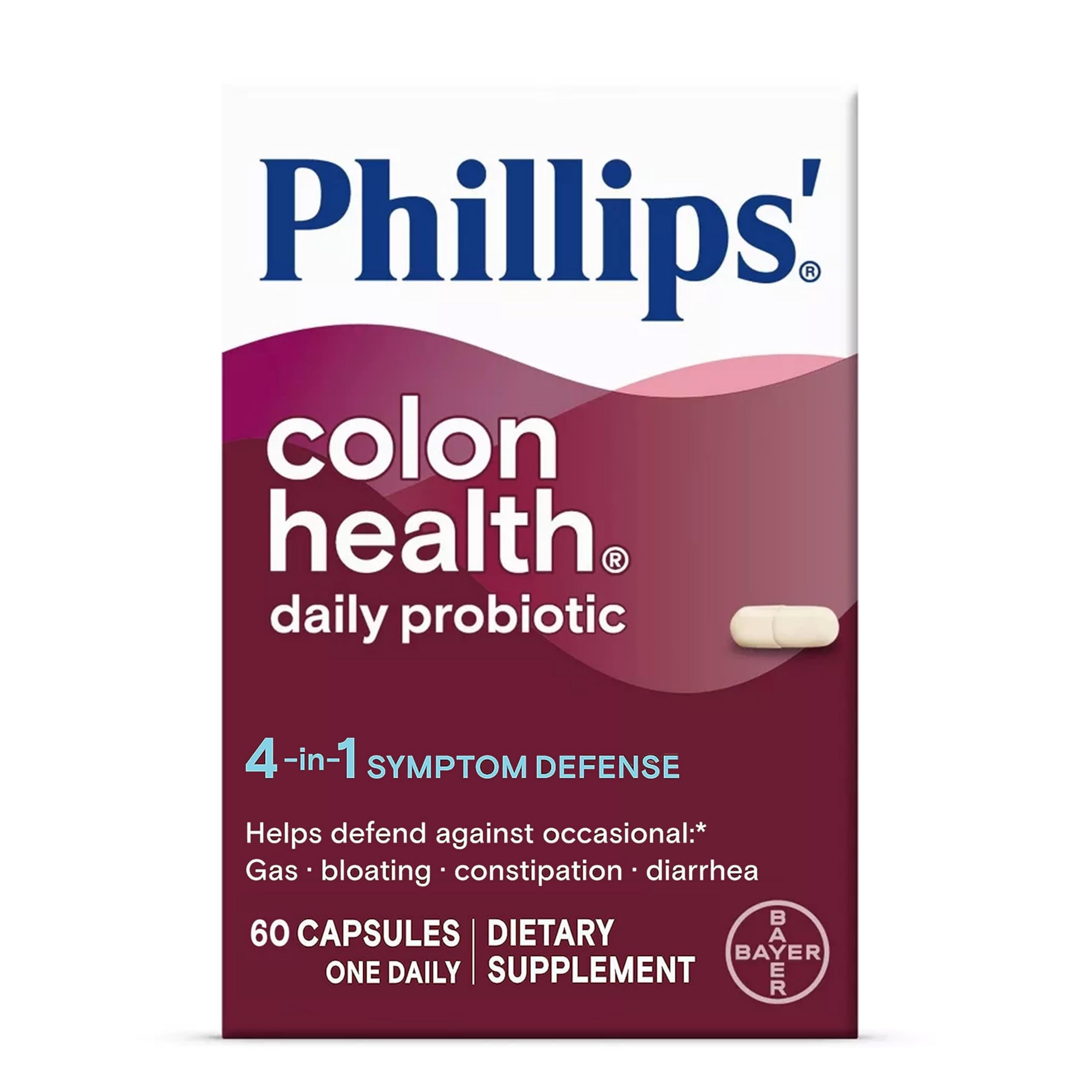 Phillips' Colon Health Daily Probiotic Capsules, 4-in-1 Symptom Defense to help defend against Occasional Gas, Bloating, Constipation, and Diarrhea, Daily Supplement, 60 Count Phillips' Au supplements