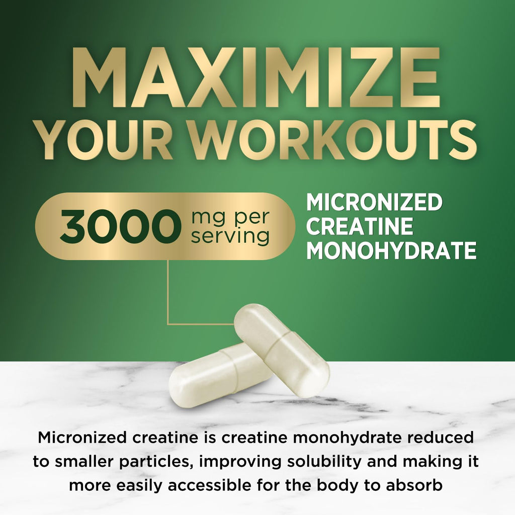 Creatine Monohydrate Capsules 3000mg Per Serving – Micronized Creatine Powder - Supports Lean Muscle, Strength, Energy, & Endurance - Nature's Supplement, Non-GMO, Bottled in USA - 120 Capsules Nature's Nutrition Au supplements