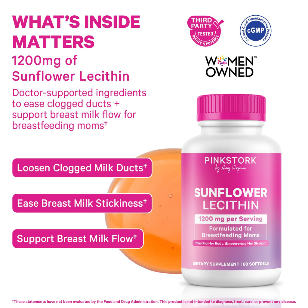 Pink Stork Sunflower Lecithin Supplement - 1200 mg for Clogged Milk Ducts - Breastfeeding Essentials for Postpartum Moms -