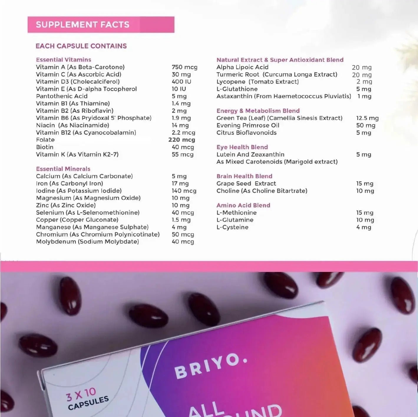 Briyosis All Around Women - 38 nutrients (Essential Vitamins, Minerals, Natural extracts, Amino acids, Primrose Oil) - 90 Capsules Briyosis Au supplements