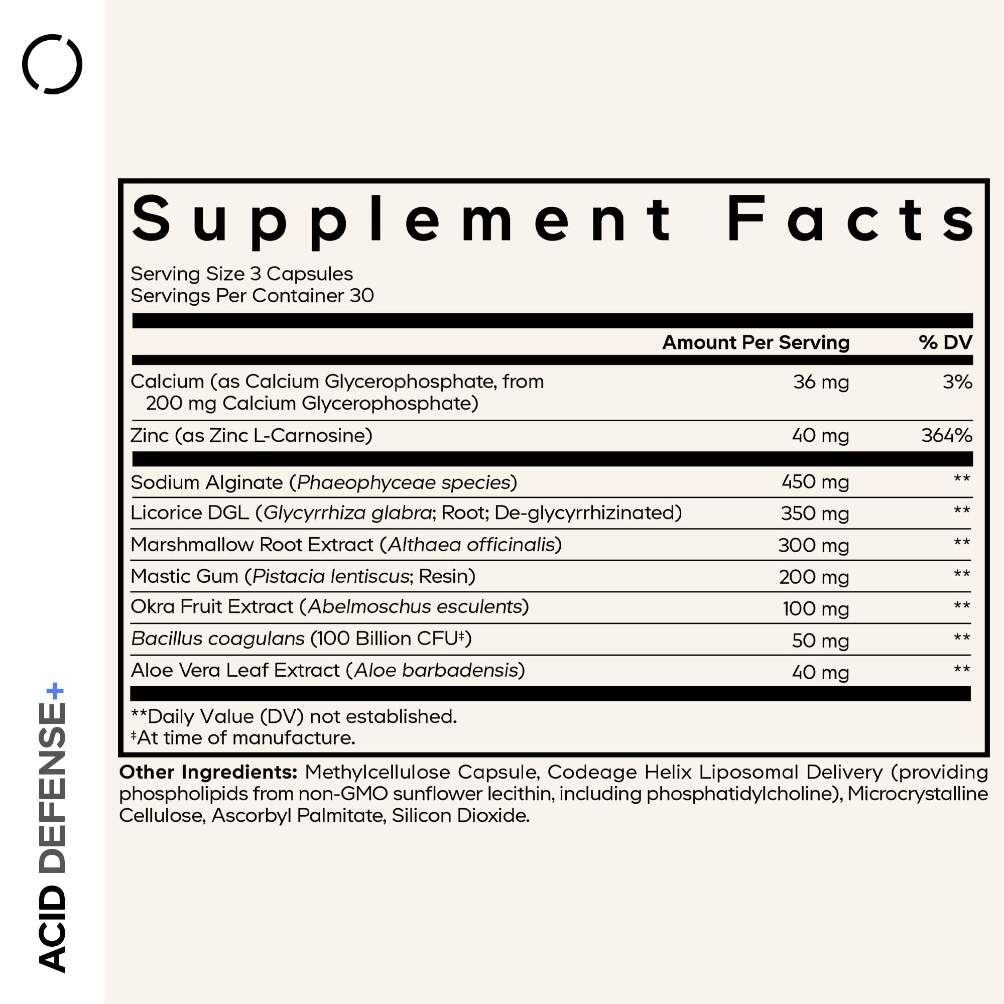 Codeage Acid Defense+ Supplement - Marshmallow Root, DGL Licorice, Aloe Vera, Probiotics, Alginic Acid, Zinc-L-Carnosine, Mastic Gum, Okra Fruit - Digestion Support - Non-GMO - 90 Capsules Codeage Au supplements