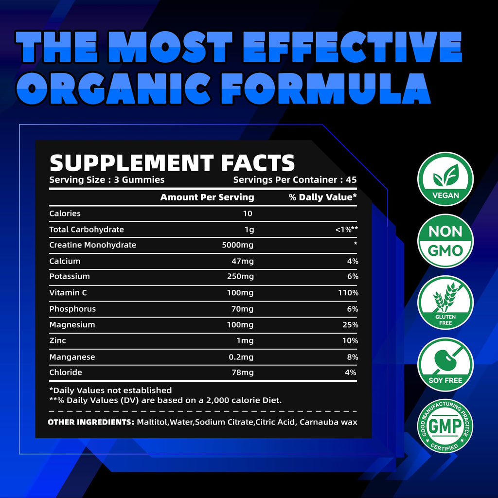 GlucoBio Creatine Monohydrate Gummies (5g) – Pre-Workout Energy & Muscle Growth Support for Men & Women