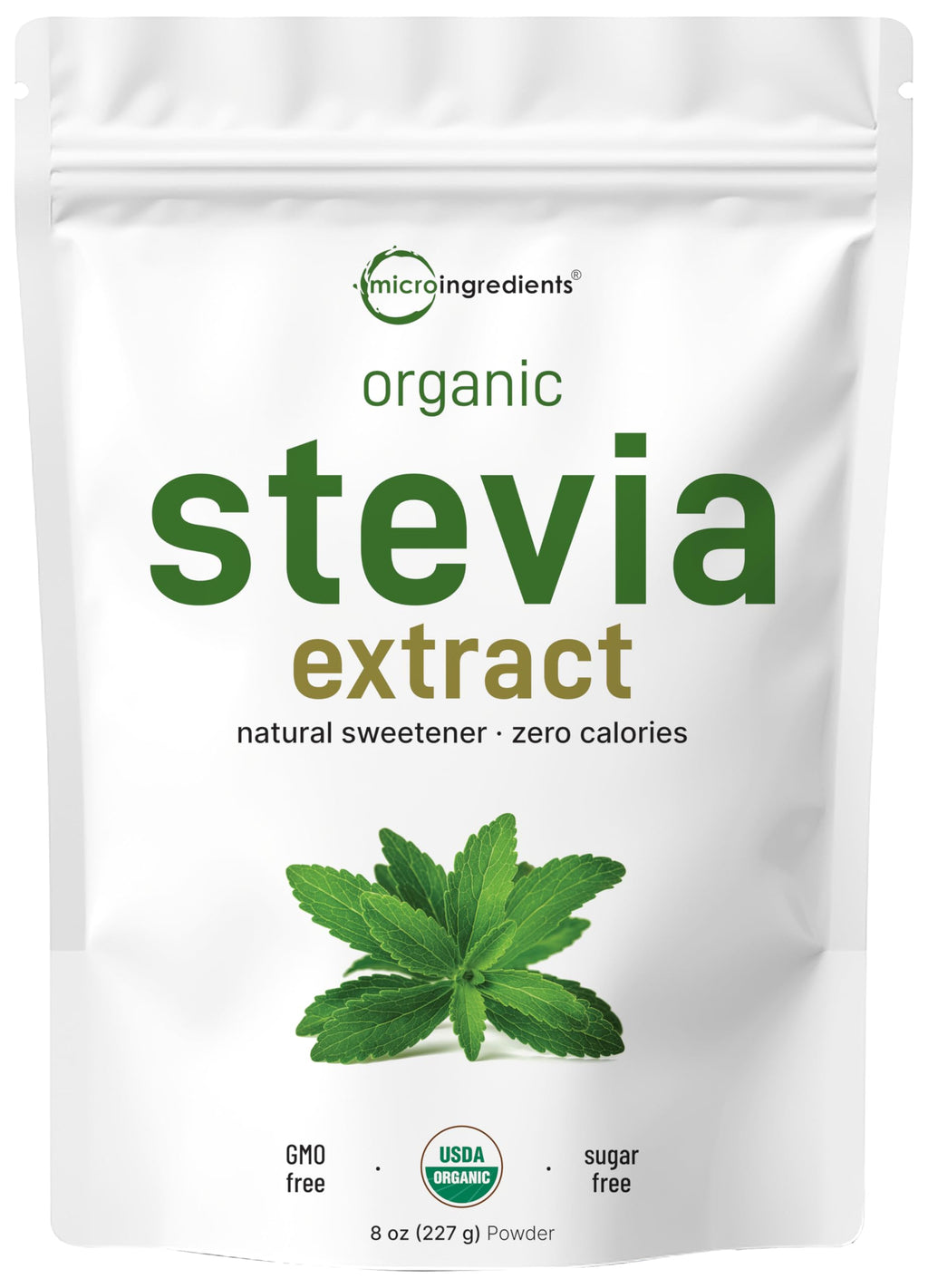 Micro Ingredients Pure Organic Stevia Powder, 8 Ounces, 1418 Serving, Highest Grade Stevia Green Leaf Extract Reb-A, Reduced Bitter Aftertaste, 0 Calorie, Natural Sweetener