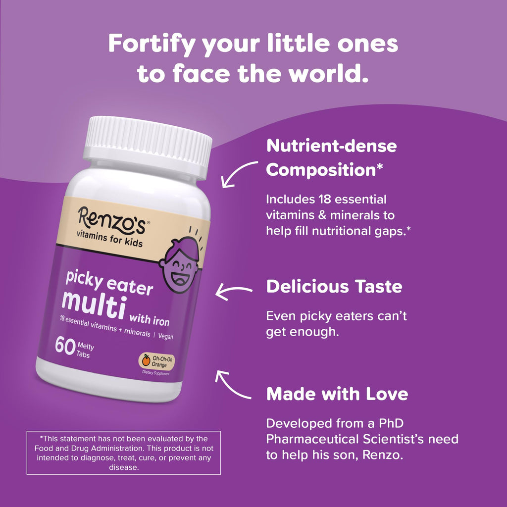 Renzo's Picky Eater Kids Multivitamin with Iron - Dissolvable Kids Vitamins with Iron, Zinc, Vitamin C, Vitamin D, E & K, Sugar-Free Melty Tabs, Orange Flavor