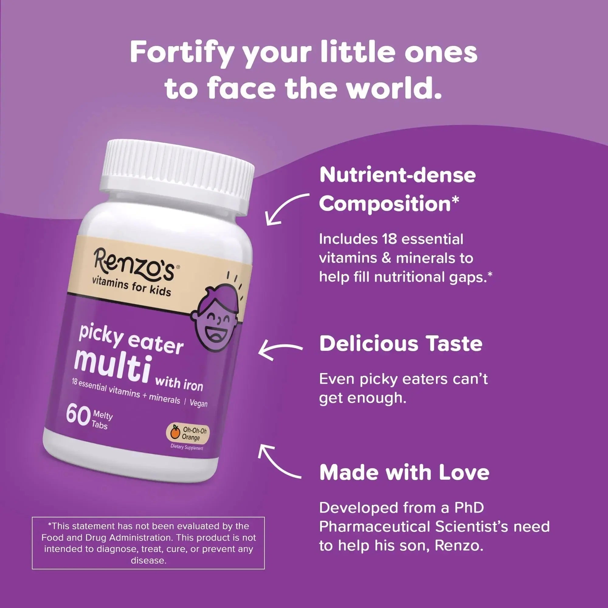 Renzo's Picky Eater Kids Multivitamin with Iron, Dissolving Kids Vitamins with Vitamin D3 and K2 and More, 60 Sugar-Free Melty Tabs Renzo's Au supplements