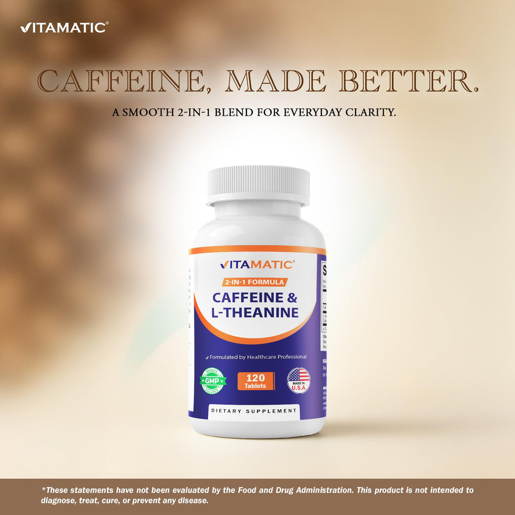 Vitamatic L-Theanine 200mg with Caffeine 100mg – 120 Vegetarian Tablets Nootropic Supplement for Focused Energy & Mental Clarity Vitamatic Au supplements
