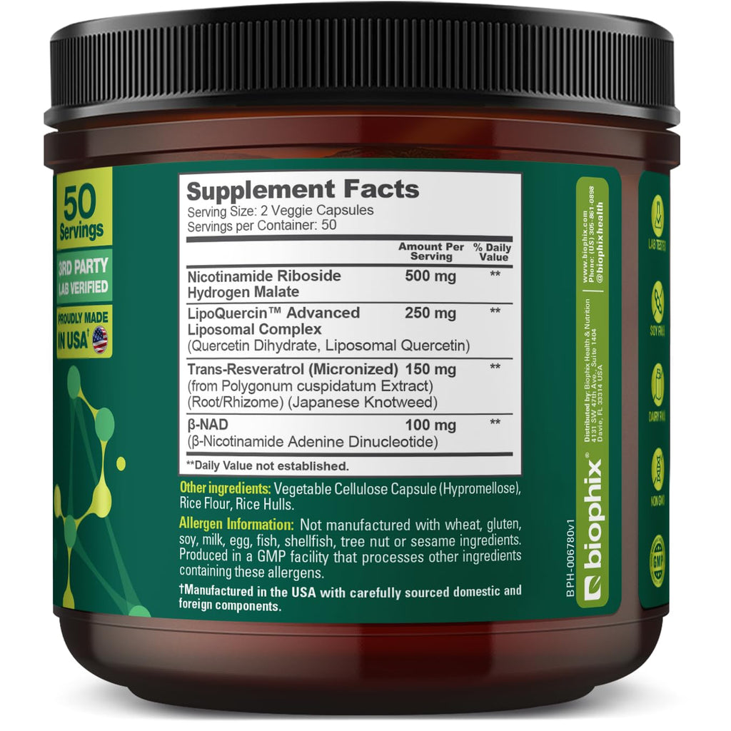 biophix NAD+ Liposomal Supplement for Women & Men - 1000 mg per Serving - Nicotinamide Riboside, Micronized Resveratrol & Quercetin Complex - 100 Veg Capsules - Non-GMO, Gluten-Free, cGMP Certified biophix Au supplements