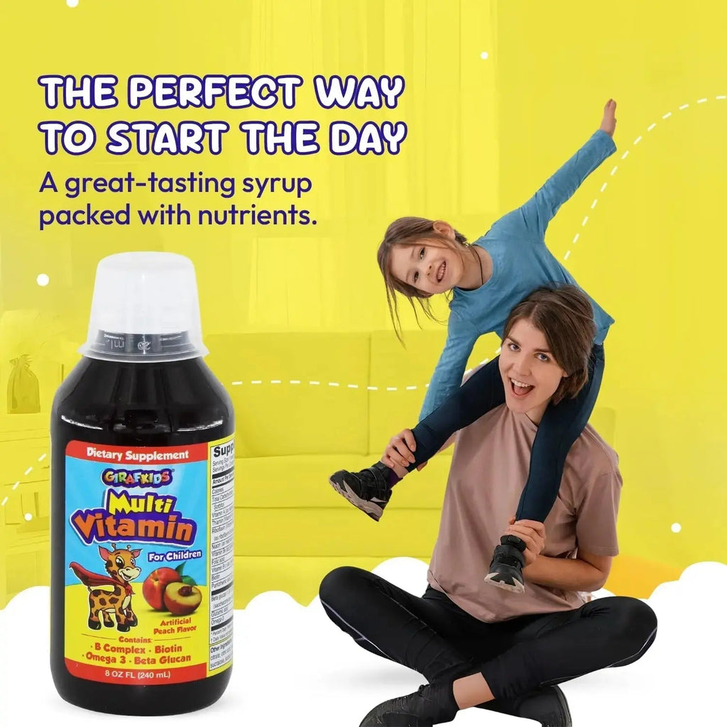 GirafKids Liquid Multivitamin for Kids Ages 4+, 8oz - Daily Child Vitamins with Biotin, Vitamin A, B Complex, Folic Acid, Omega-3 & Beta Glucan PHARMADEL Au supplements