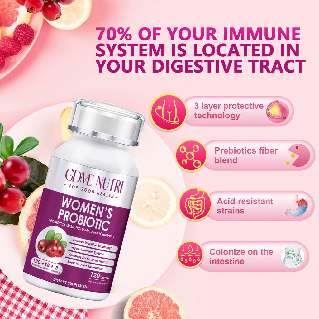 GDMENUTRI Women's Probiotics, 120 Tablets 120 Billion CFU 18 Strains, Contains Organic Prebiotic Cranberry, Probiotic Supplement for Digestion,