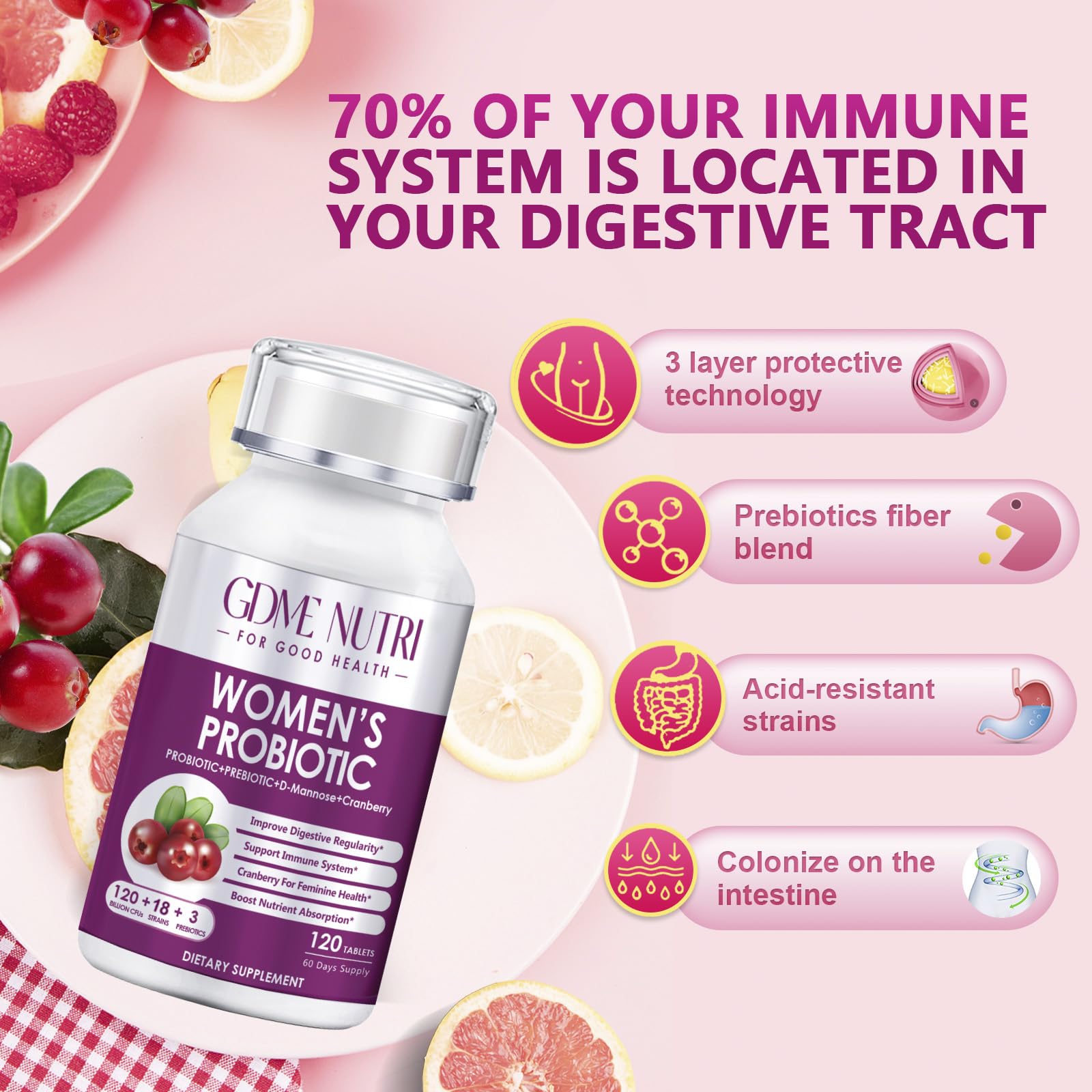 GDMENUTRI Women's Probiotics, 120 Tablets 120 Billion CFU 18 Strains, Contains Organic Prebiotic Cranberry, Probiotic Supplement for Digestion,