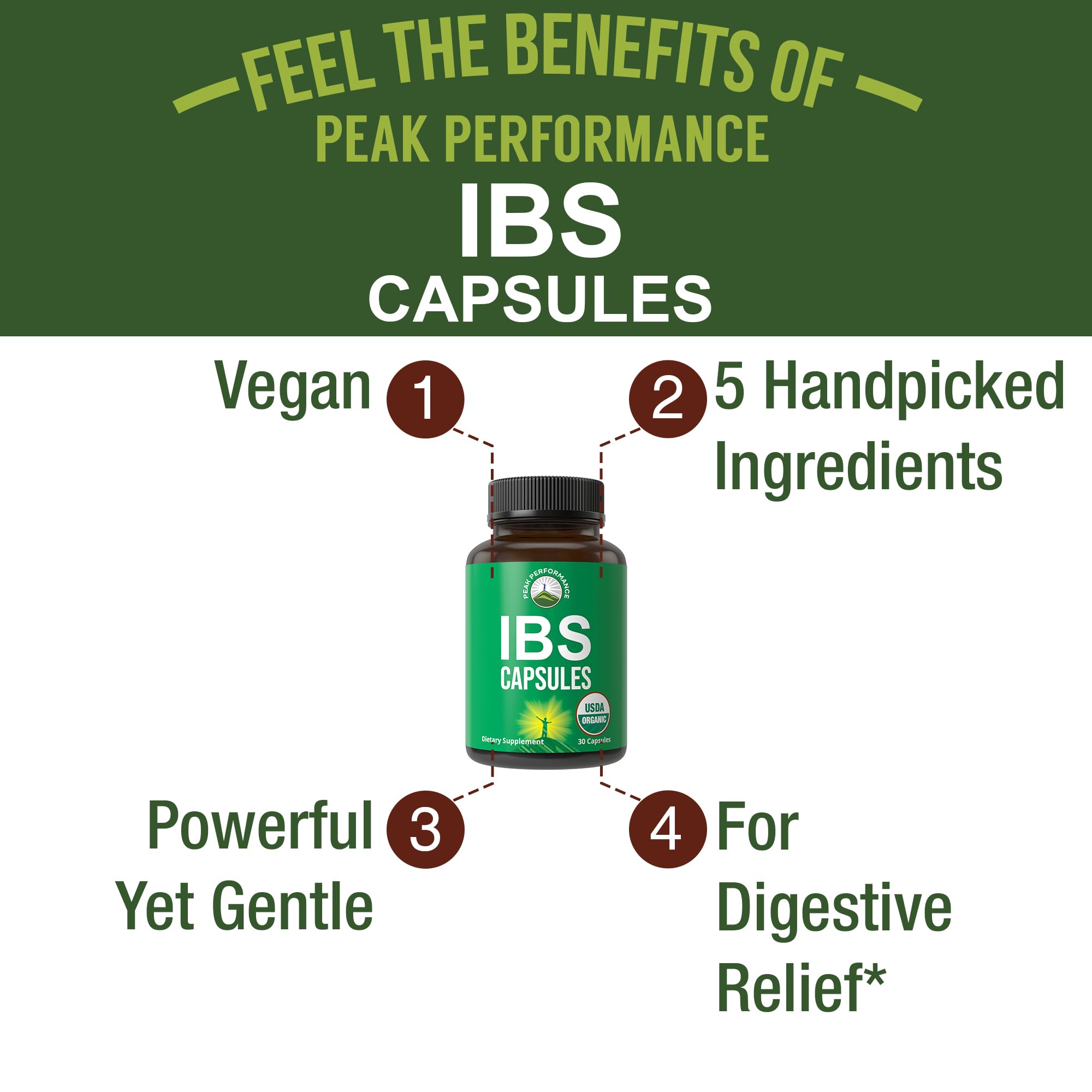 USDA Organic IBS Capsules for Relief, Ingestion, Bloating, Gas. Irritable Bowel Supplement with 5 Handpicked Organic Ingredients. Peppermint Oil, Sea Buckthorn, Fennel Seed, Rosemary Leaf, Basil Leaf Peak Performance Au supplements