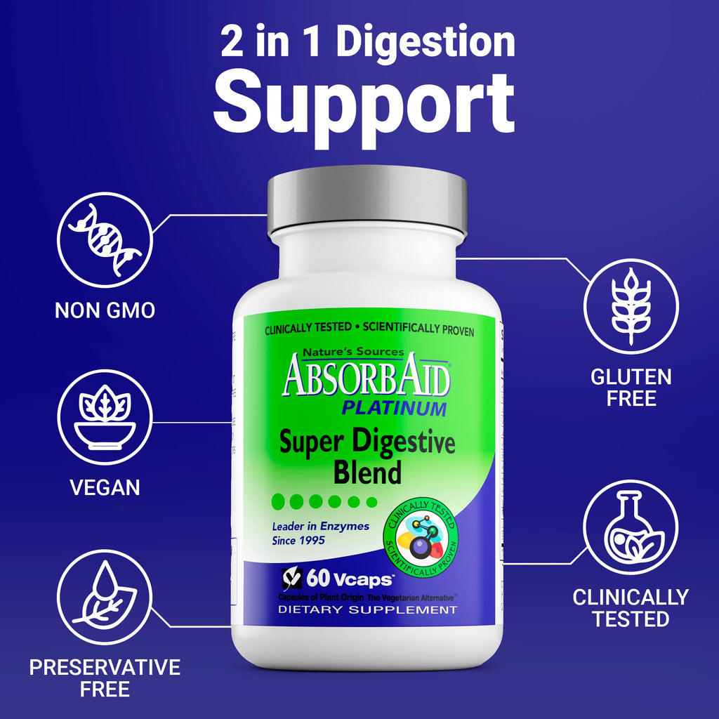 AbsorbAid Platinum Digestive Enzyme Support 60 vCaps, 12 Digestive Enzymes Plus 2 Probiotics for Maximum Relief