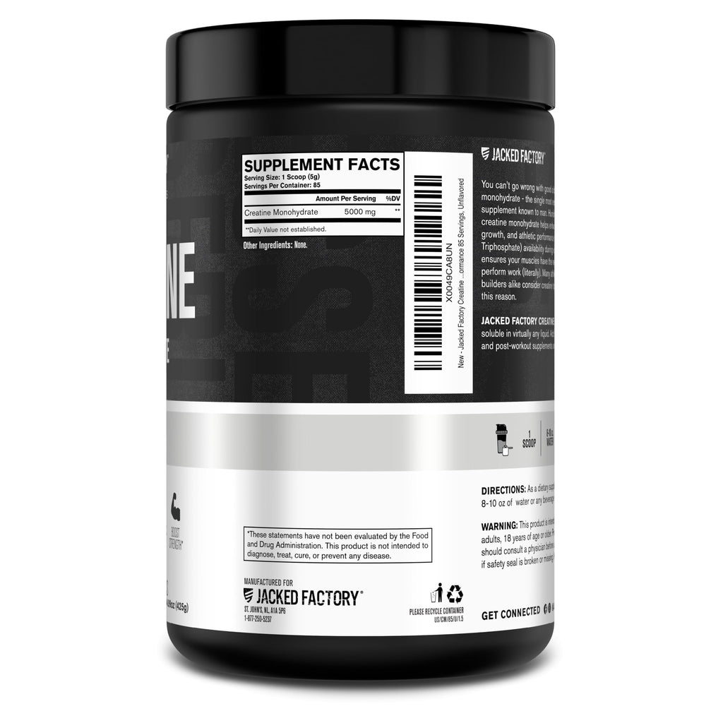 Jacked Factory Creatine Monohydrate Powder 425g - 5g Daily Creatine Supplement for Men and Women, Vegan-Friendly