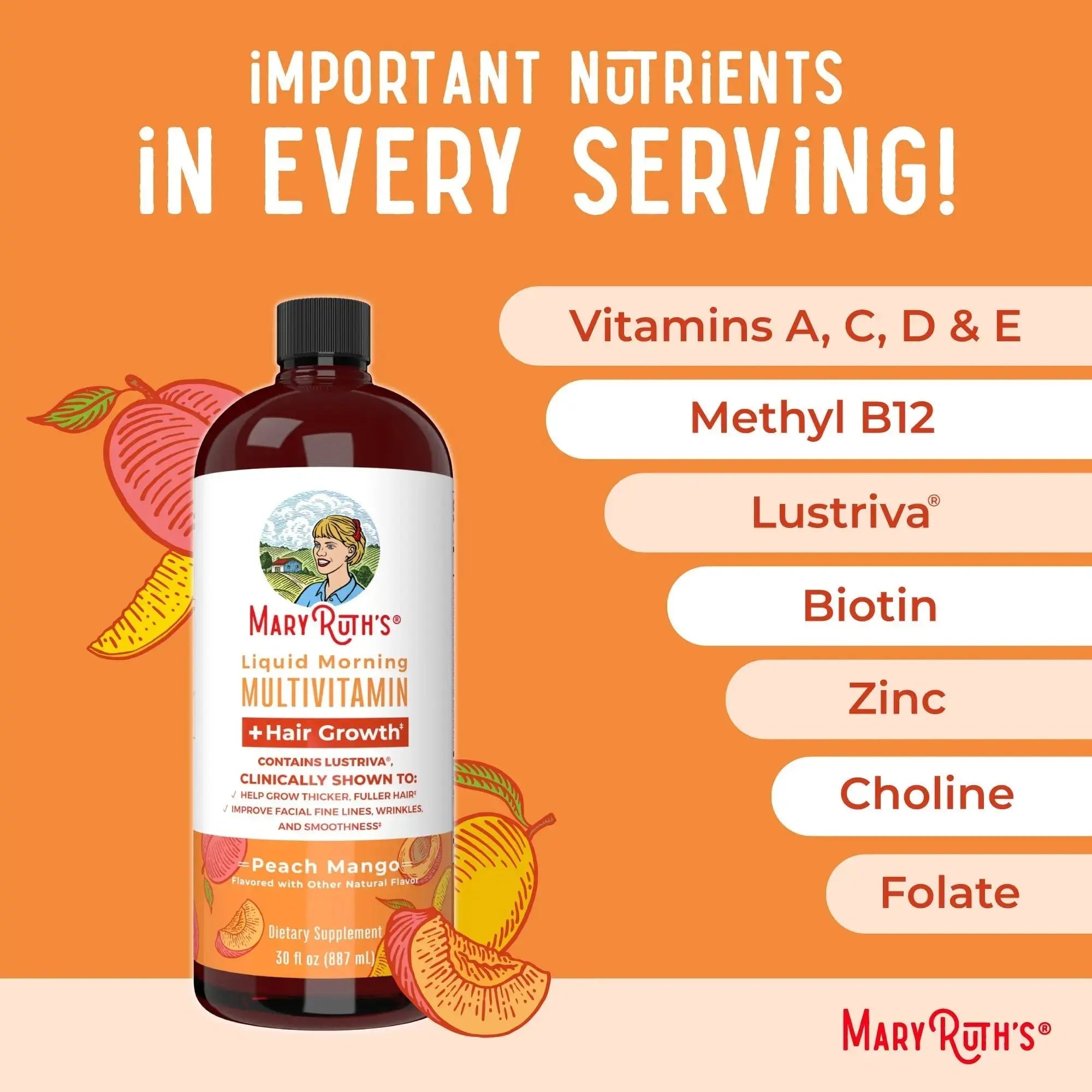MaryRuth's MaryRuth's Liquid Morning Multivitamin +Hair Growth (Peach Mango, 30oz) & Iron Liquid (Berry) | Clean Label Project Verified® | MARYRUTH'S Au supplements