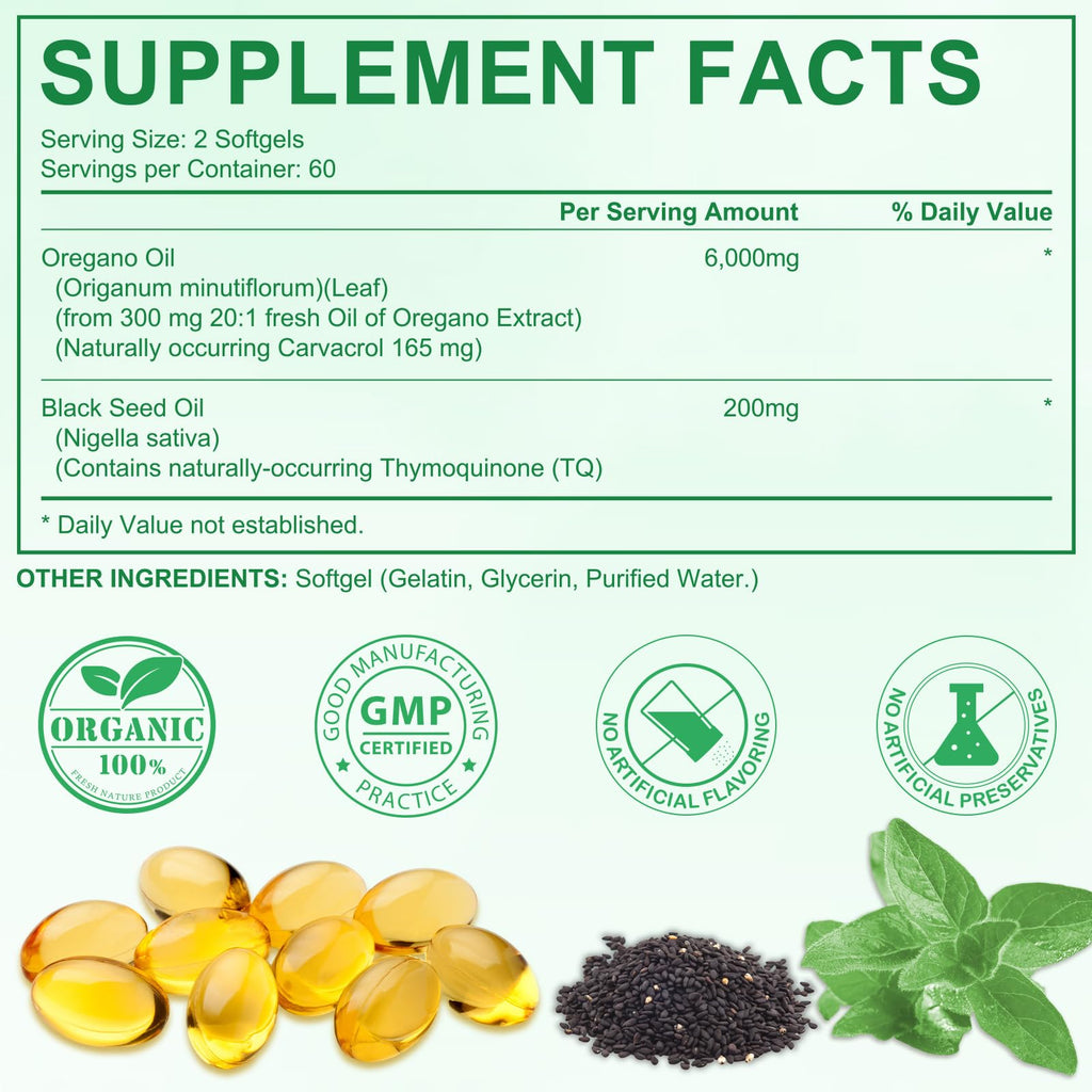 Tooffi Oil of Oregano Softgels,Oregano Oil Capsules Organic,2-in-1 6000mg Oil of Oregano with Black Seed Oil 200mg,Oregano Oil