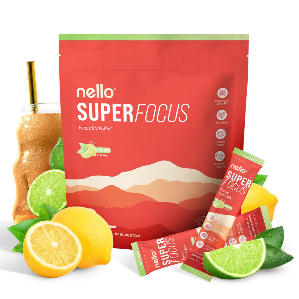 Nello Superfocus Mojito – Nootropic Focus Drink Mix, 20 On-The-Go Packets, Alpha GPC, Lion’s Mane, Rhodiola, Sugar-Free Nello Au supplements