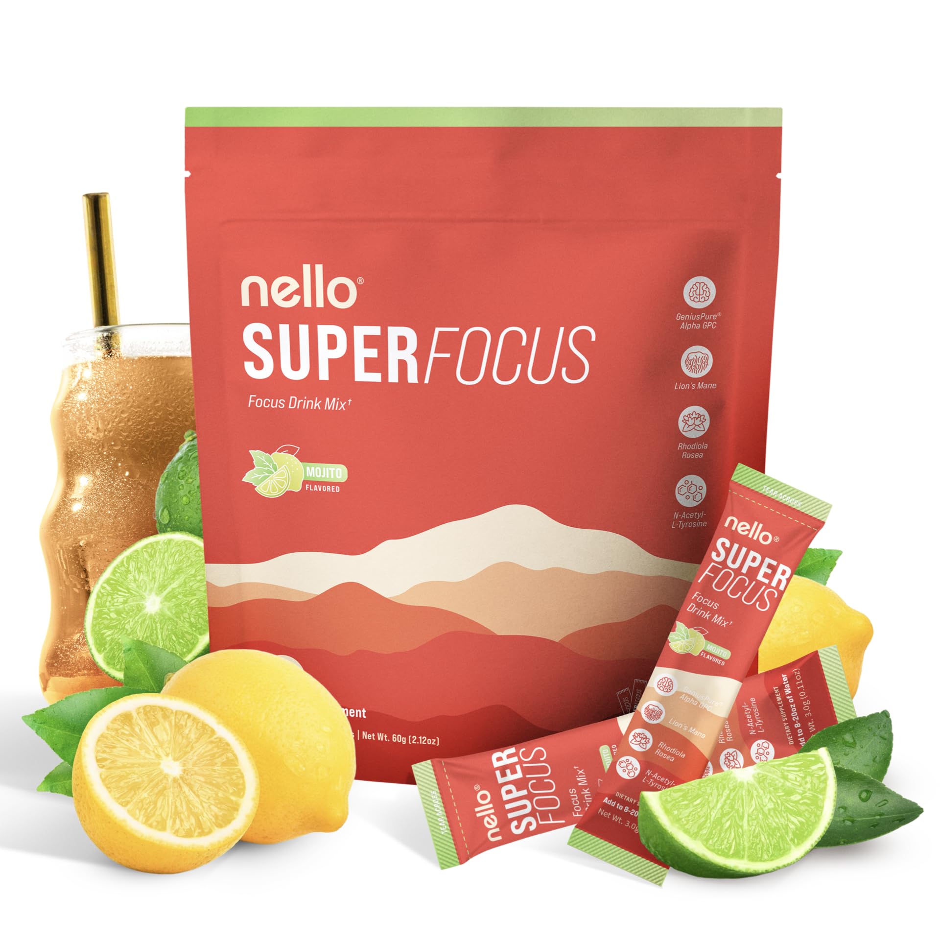 Nello Superfocus Mojito – Nootropic Focus Drink Mix, 20 On-The-Go Packets, Alpha GPC, Lion’s Mane, Rhodiola, Sugar-Free Nello Au supplements