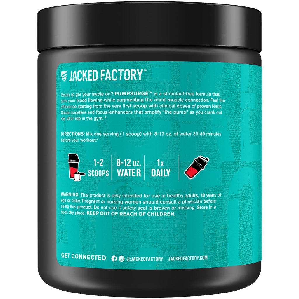 Jacked Factory Pumpsurge Caffeine Free Pre Workout for Men & Women - Booster & Stim Free Pre Workout - Intense Pumps, Enhanced Focus - 30 Servings, Cherry Limeade 8.83oz
