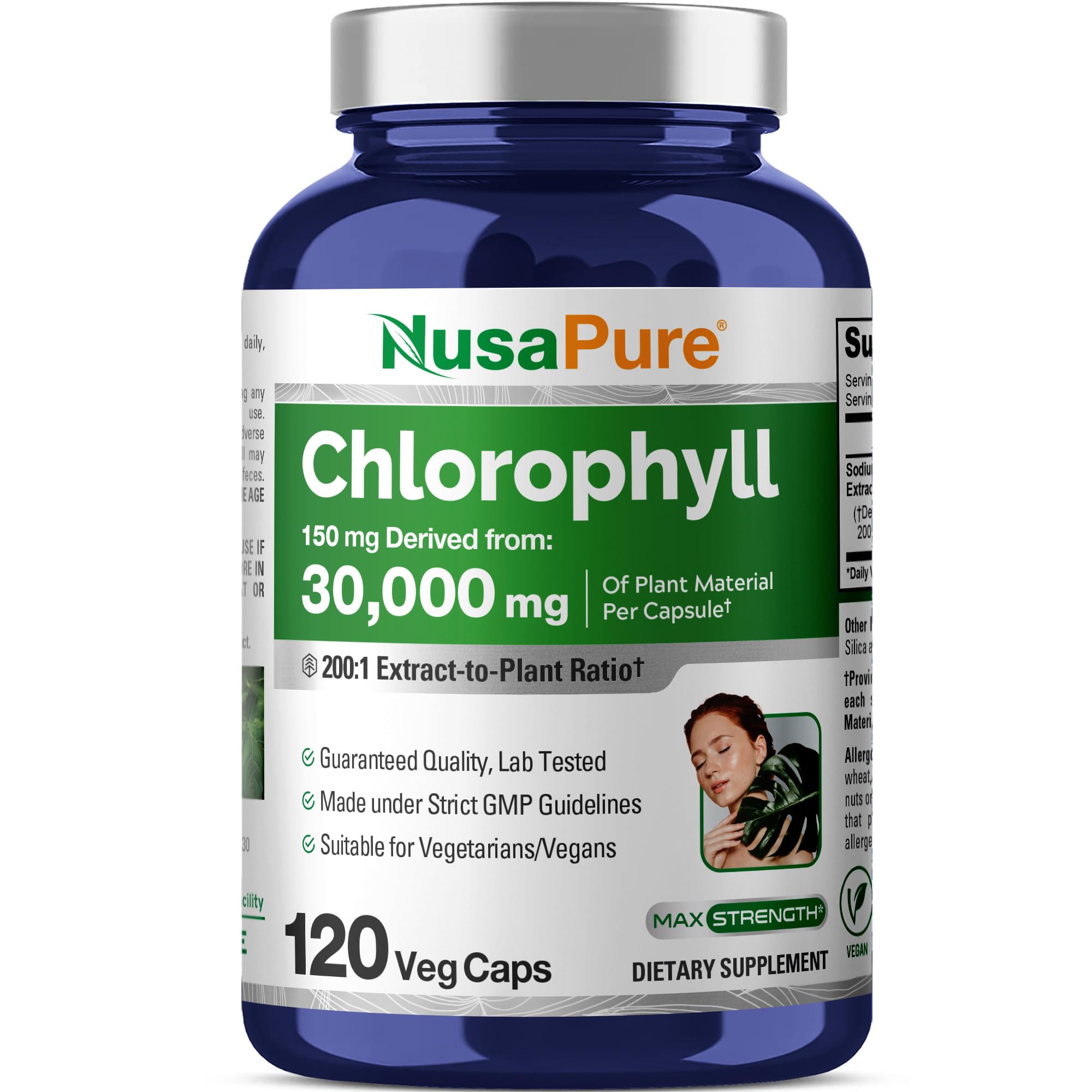 NusaPure Chlorophyll 200:1 Extract, 150 mg Equivalent to 30,000 mg per Capsule 120 Vegetarian Caps (Non-GMO, Vegan) NusaPure Au supplements