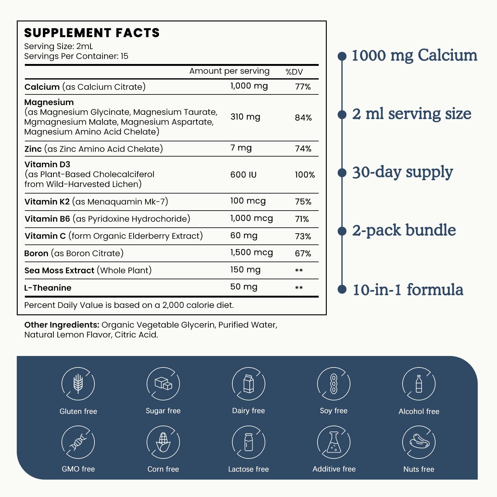 (2 Pack) 10 in 1 Magnesium Calcium Zinc Supplement with Vitamin C D3 K2, Glycinate Mag Vegan Liquid Drops Plus L-Theanine Boron Sea Moss Extract, Immune Support