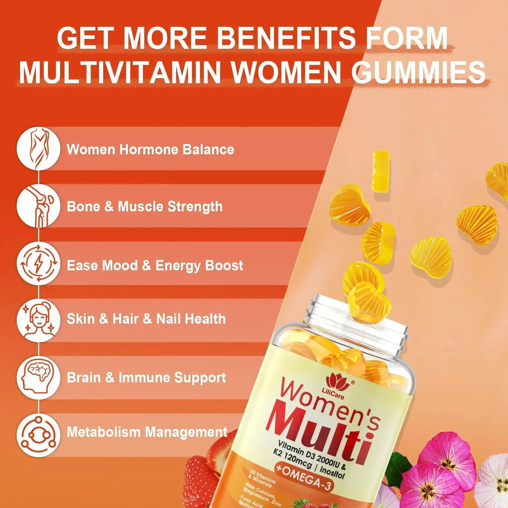 Womens Multivitamin Gummy with Omega 3（DHA/EPA), Vitamin D3 K2, Calcium, Inositol, Daily Womens Vitamin A C E B Complex LILICARE Au supplements