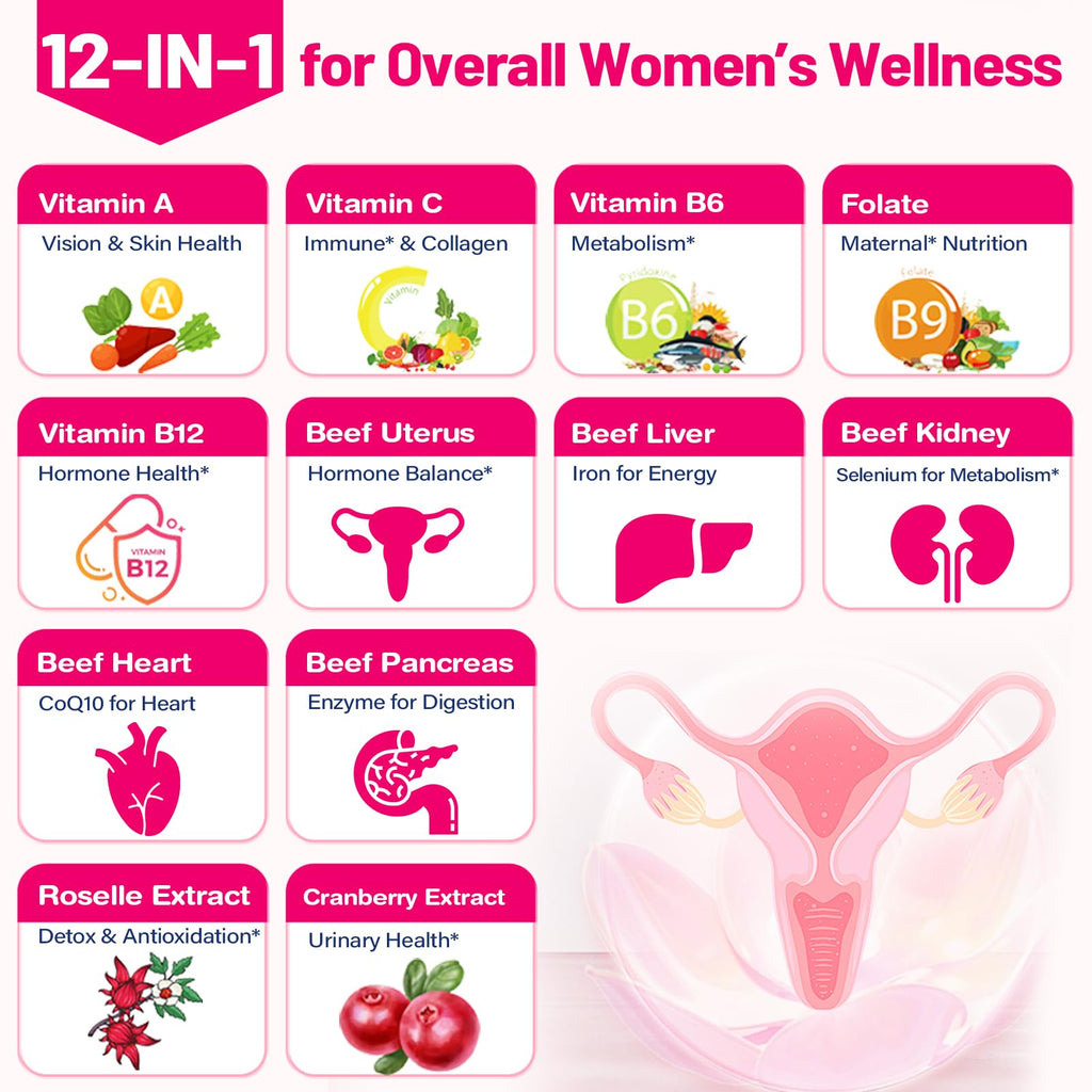 12-In-1 Beef Organ Supplement for Women - Beef Liver, Uterus, Kidney, Heart, Pancreas, 5 Vitamins & 2 Herbs, Hormone Balance, Menstruation, Energy, Immune - 100% Grass Fed, Pasture Raise - 120 Caps Nassiouy Au supplements