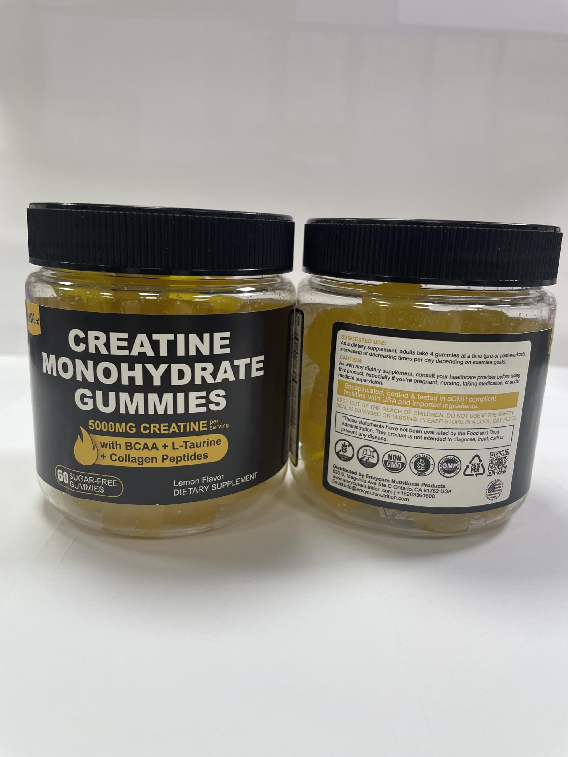 Creatine Monohydrate Gummies for Men & Women - with BCAA, Collagen Peptides, L-Taurine, Vitamin B12, D3, Chewables Creatine Monohydrate 5g Per Serving, Natural Lemon Flavor, Sugar Free, 2 Pack EnvyCure Au supplements