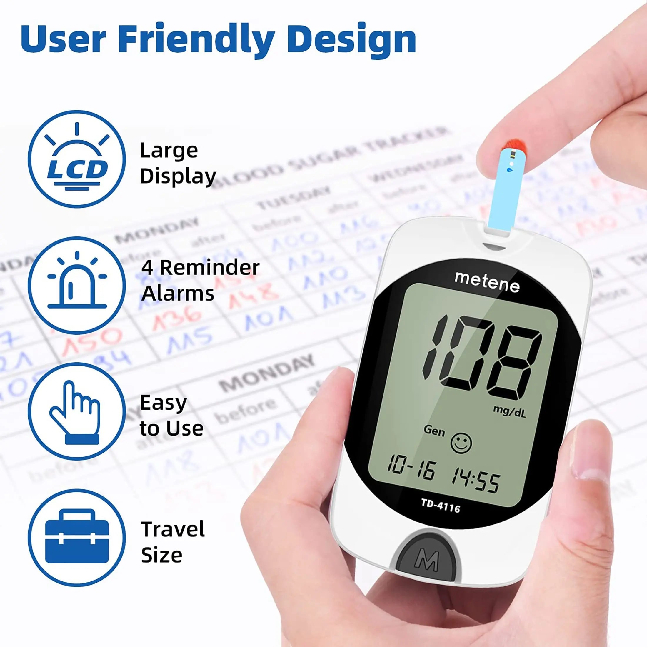 Metene TD-4116 Blood Glucose Monitor Kit, 100 Glucometer Strips Metene Au supplements