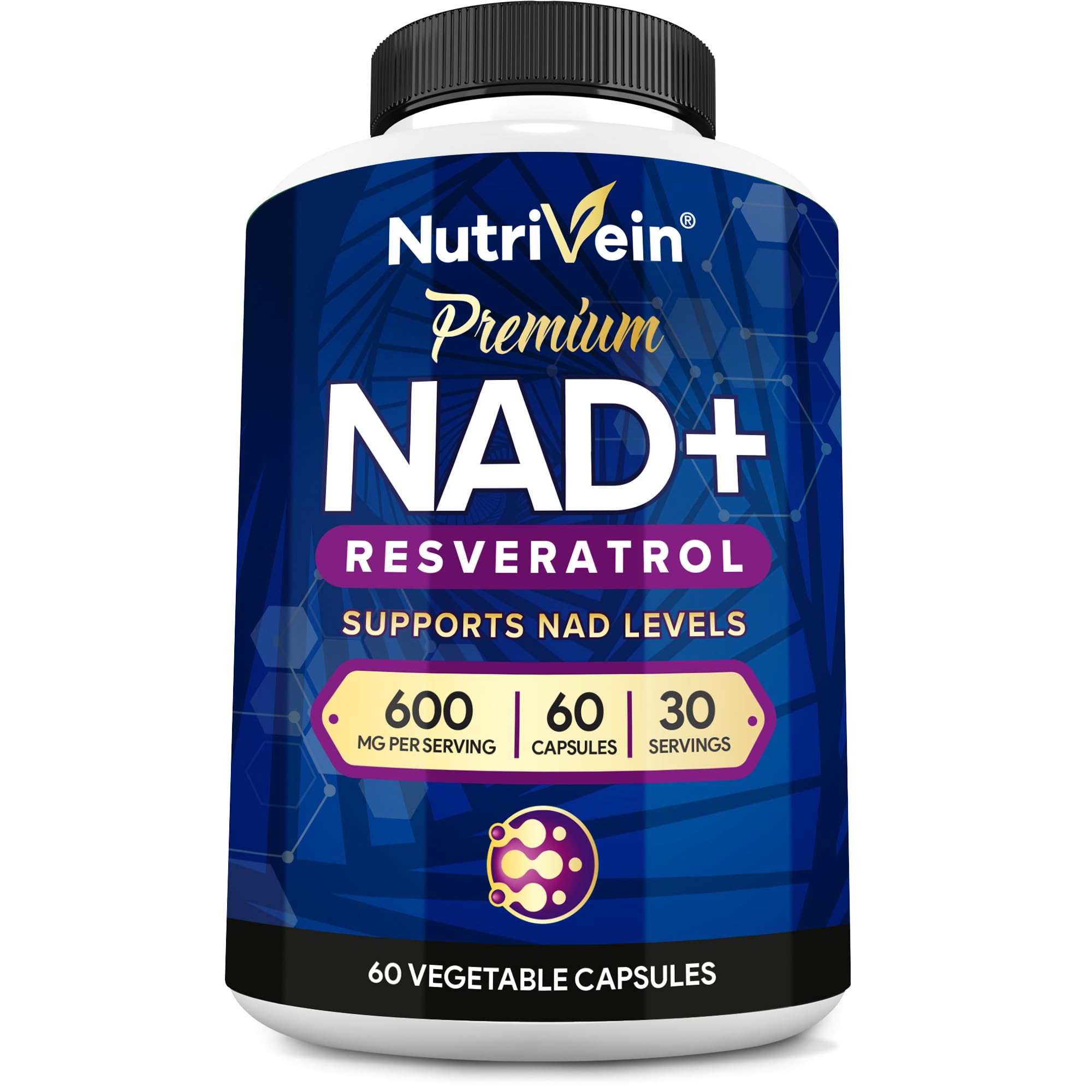 Nutrivein Premium NAD + Resveratrol Supplement 600 mg - 30 Servings (60 Capsules): Powerful Synergistic NAD Resveratrol Supplement - Aging, Cognition, Metabolism, & Overall Well-Being Nutrivein Au supplements