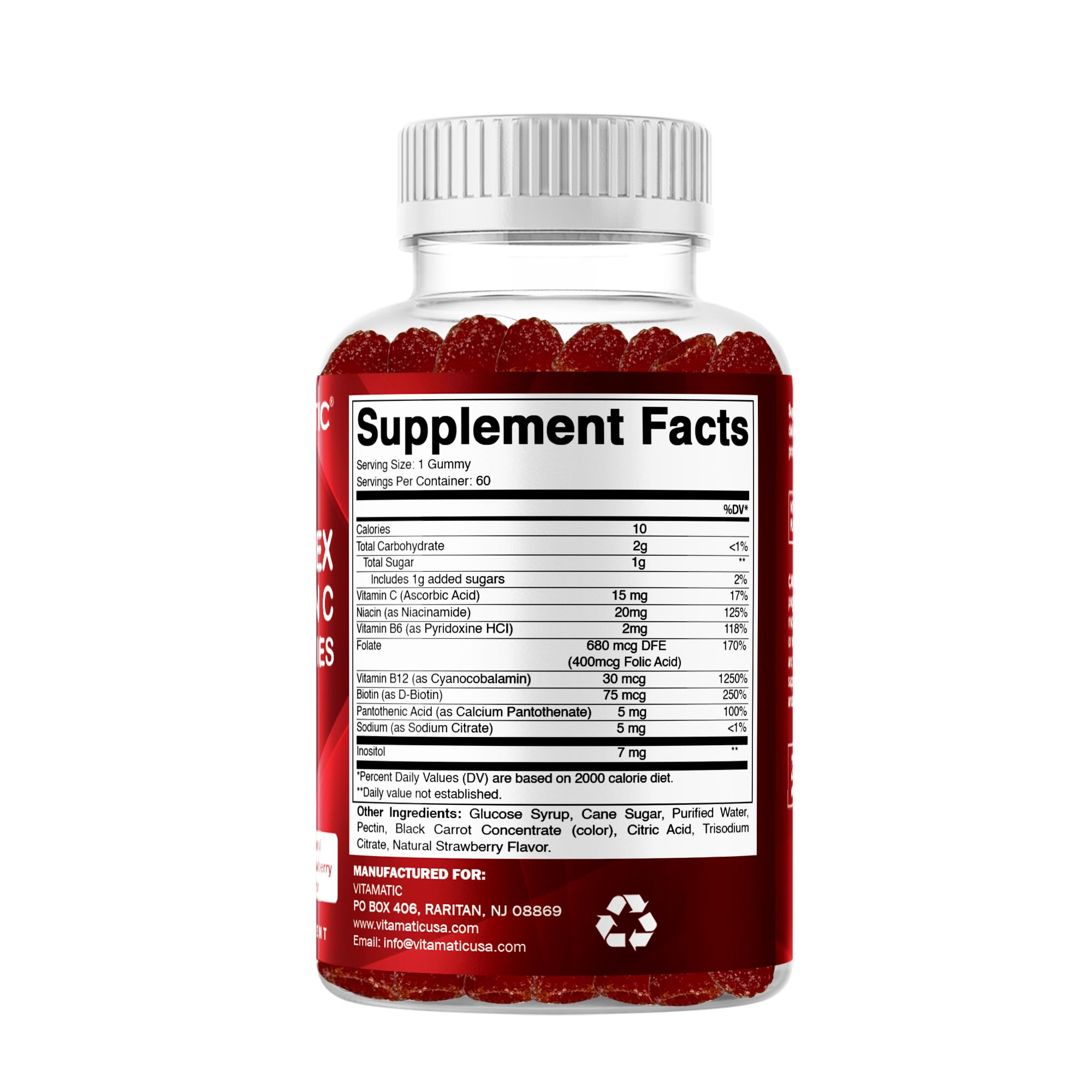 Vitamatic Vitamin B Complex Gummies with Vitamin C & Inositol - Natural Strawberry Flavor - 60 Gummies (1 Bottle)