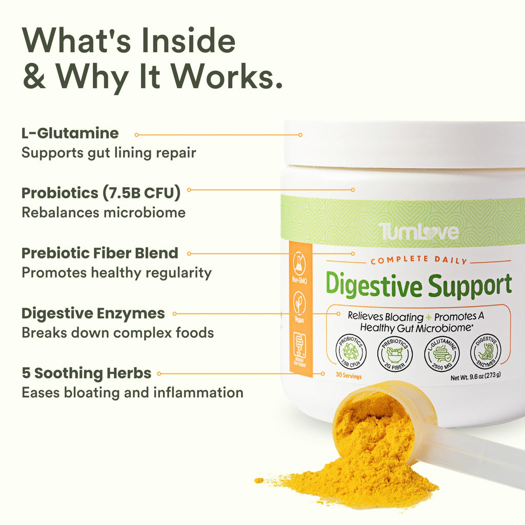 TumLove IBS Relief & Digestive Support Powder – Low FODMAP Certified, Probiotics, Prebiotics, Digestive Enzymes, L-Glutamine & 5 Soothing Herbs