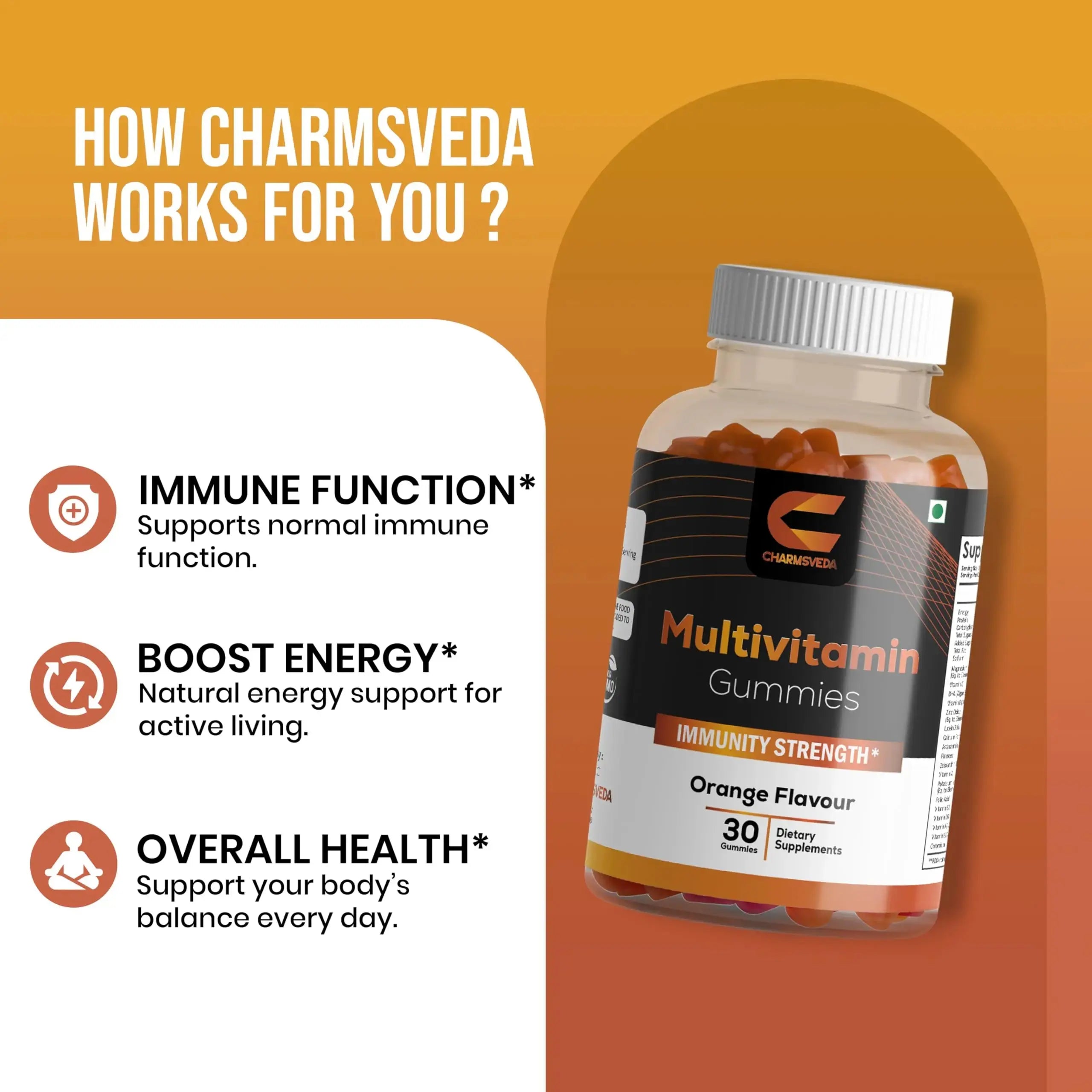CHARMSVEDA Multivitamin Gummies – Energy, Immunity & Overall Wellness with DHA, Vitamin C, Zinc & Antioxidants – Orange Flavour – 30 Gummies CHARMSVEDA Au supplements