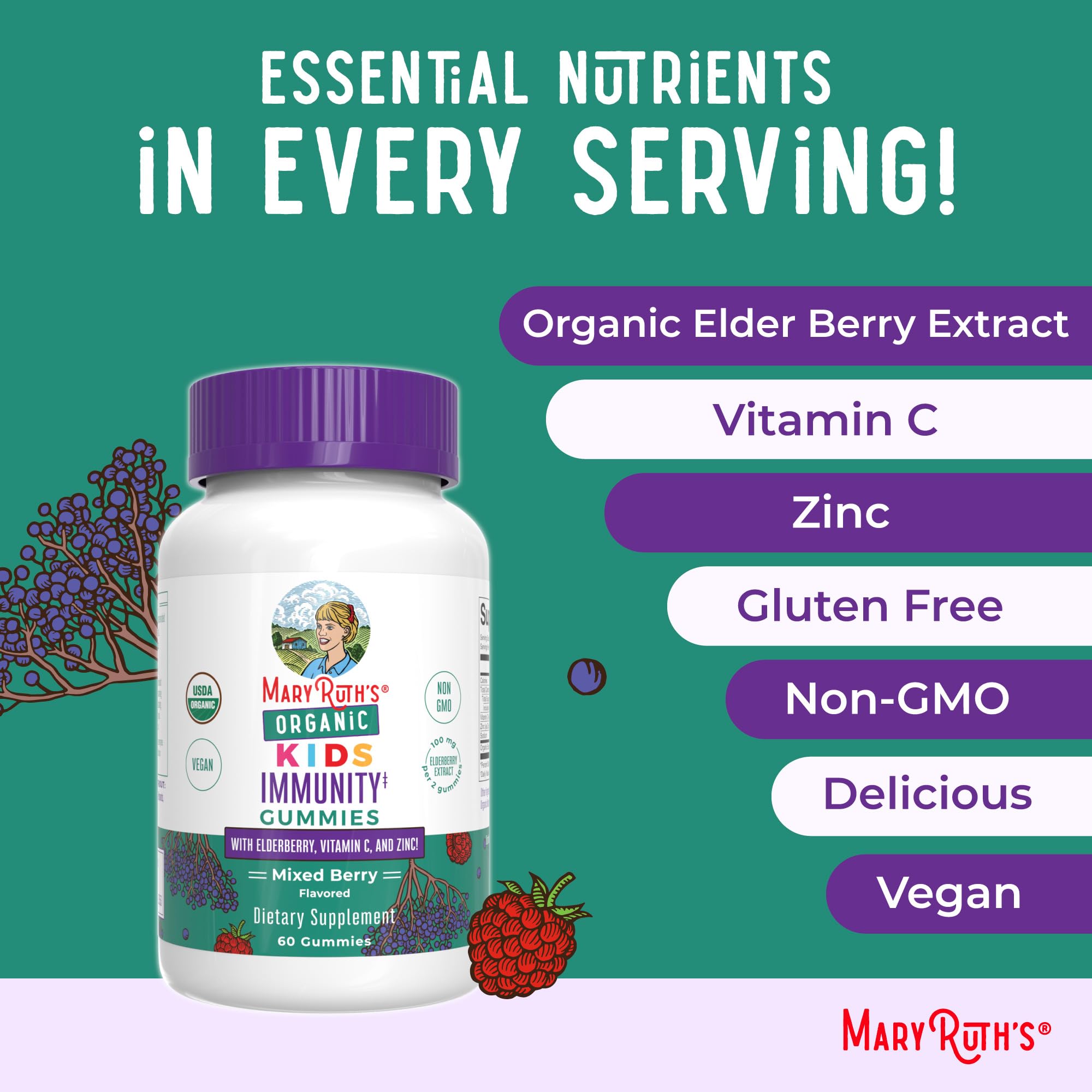 MaryRuth Organics Kids Immune Support Gummies | USDA Organic | Vitamin C, Zinc, and Elderberry Gummies for Kids| Immune Support for Ages 4+ | Vegan