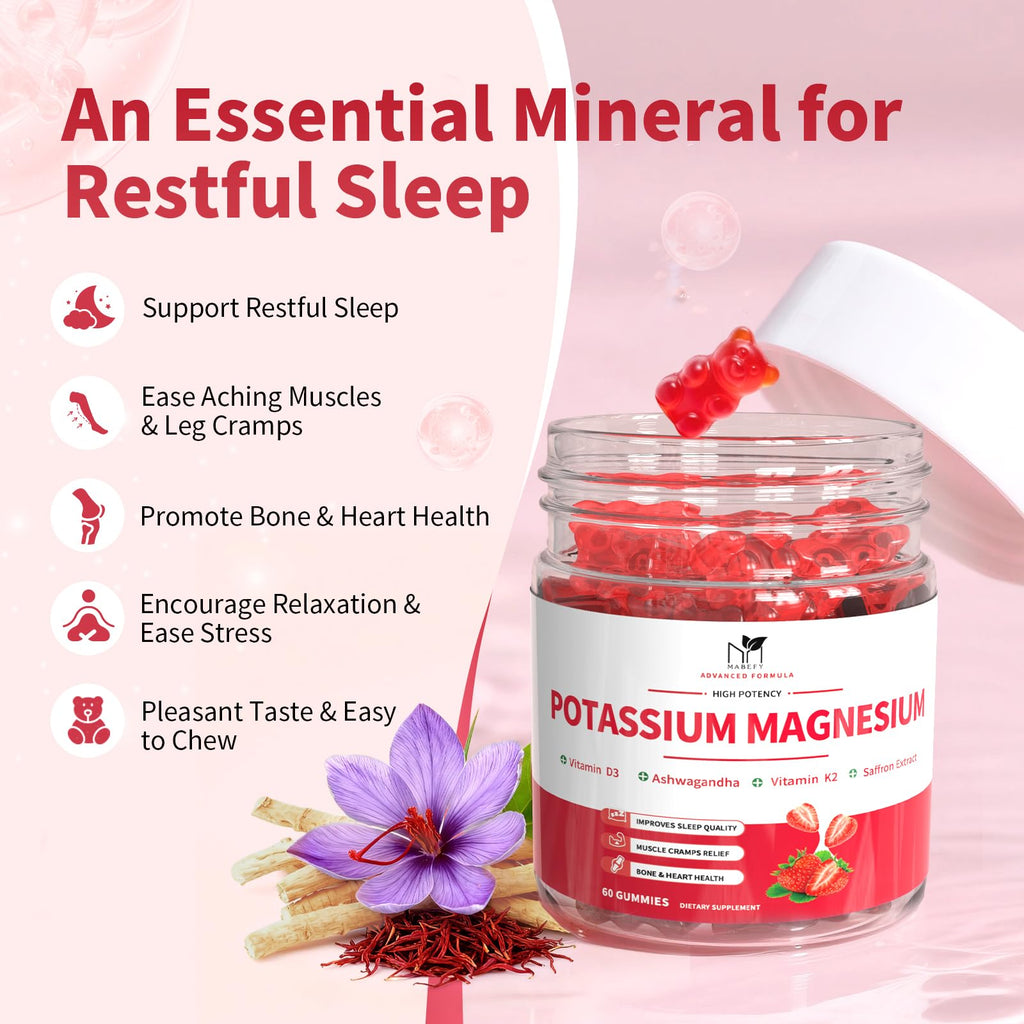 2 Pack Potassium Magnesium Gummies, Sugar Free Potassium Supplement Magnesium Glycinate 500mg, Ashwagandha, Vitamins D3, C, B6, Calcium & Zinc for Sleep, Leg Cramps & Muscle Relaxation-120 Count MABEFY Au supplements