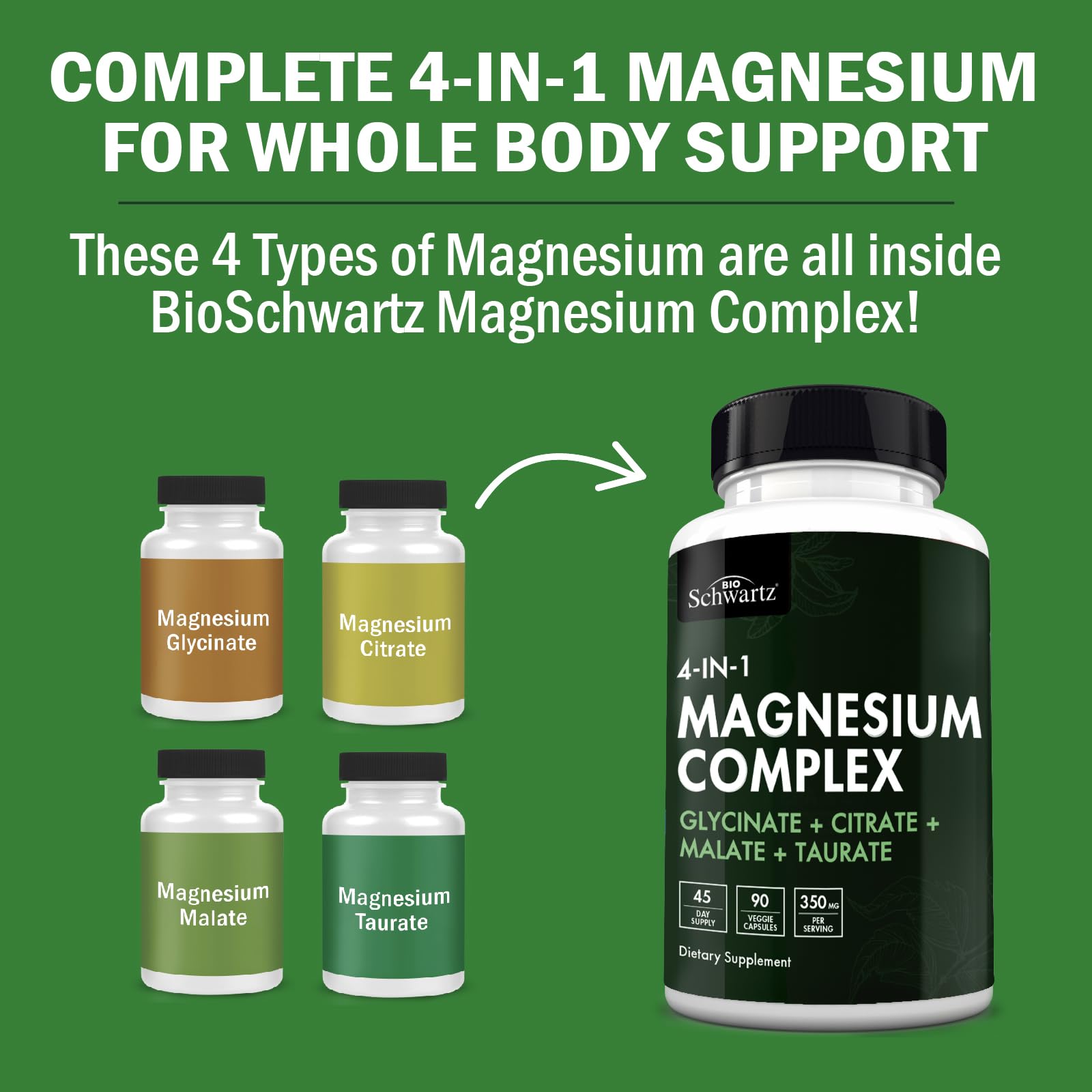 BioSchwartz Magnesium Complex Supplement (90 Capsules) 350mg Magnesium Glycinate Citrate Malate and Taurate Per Serving for Healthy Nerves Muscles Heart Sleep Support (Vegan, Gluten-Free, Non-GMO) BioSchwartz Au supplements