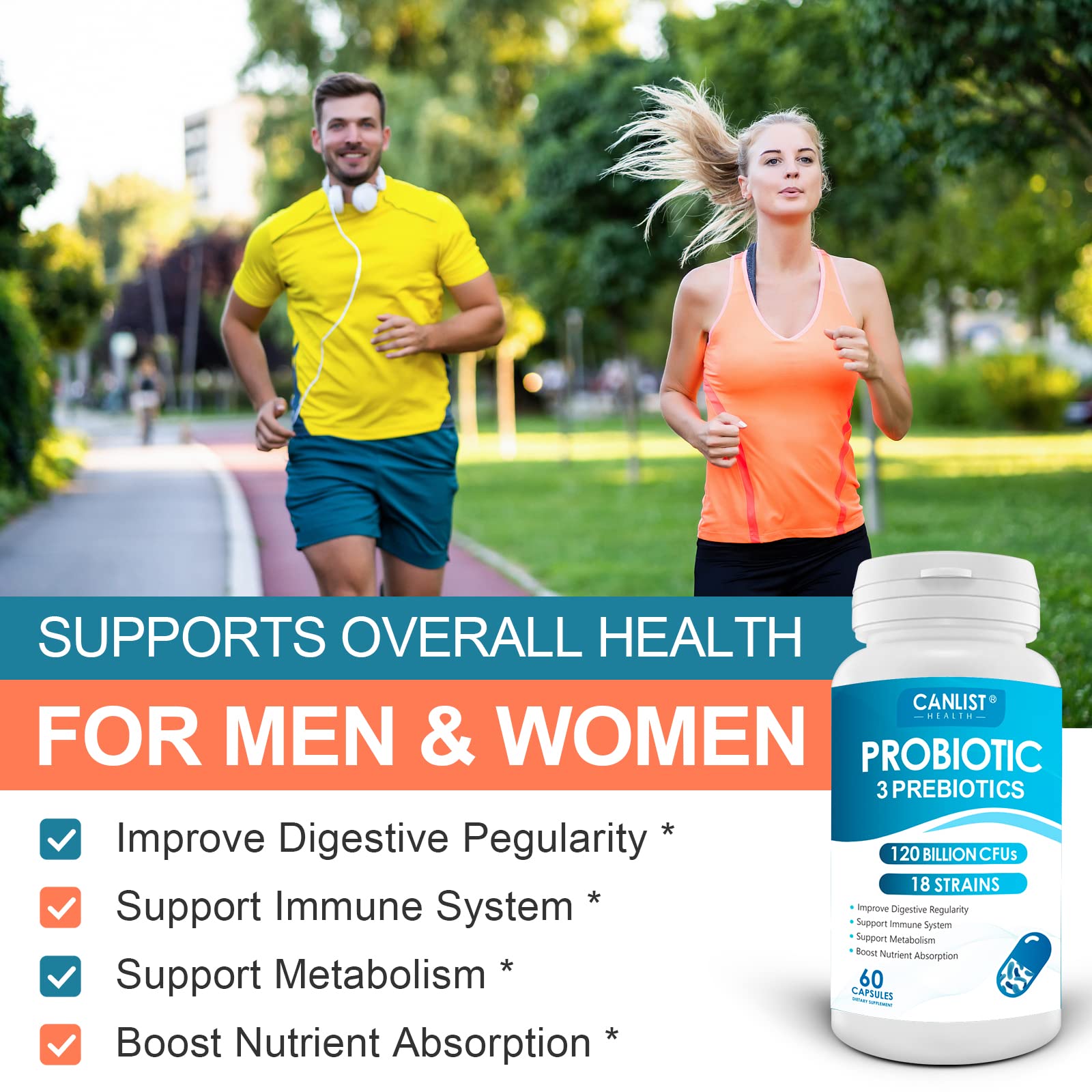 CANLIST Probiotics 120 Billion CFUs 18 Strains, 3 Prebiotics & Digestive Enzymes for Men Women,Digestive & Immune Support