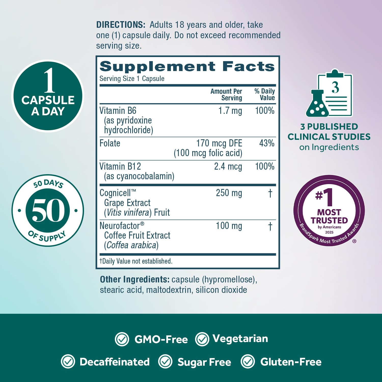 NEURIVA Memory 3D Brain Supplement - Decaffeinated Nootropic Capsules for Memory, Focus, & Cognitive Function - Short Term, Long Term, & Working Memory Support - 50ct NEURIVA Au supplements