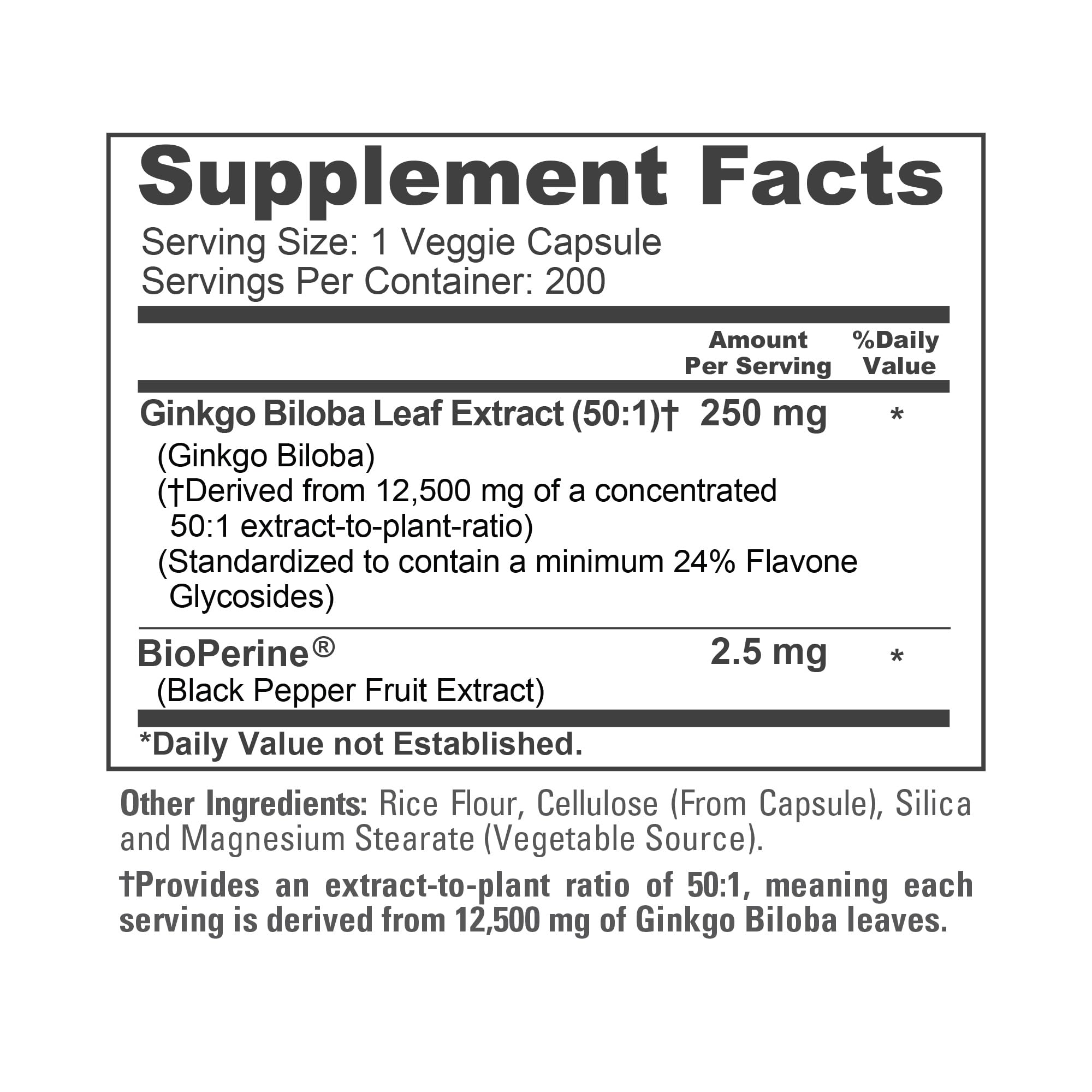 NusaPure Ginkgo Biloba 50:1 Extract, 250 mg Equivalent to 12,500 mg per Veggie Caps 200 Capsules (Vegetarian, Non-GMO, Vegan) Bioperine NusaPure Au supplements
