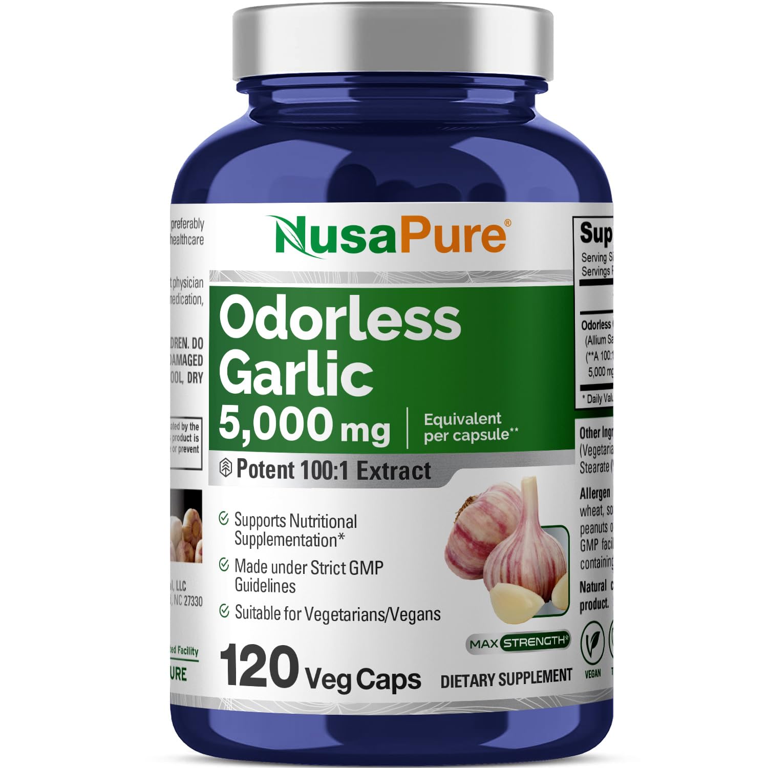 NusaPure Odorless Garlic 100:1 Extract, 50 mg Equivalent to 5000mg Capsule | 120 Veggie Caps | High Potency | Herbal Supplement | Non-GMO | Vegan NusaPure Au supplements