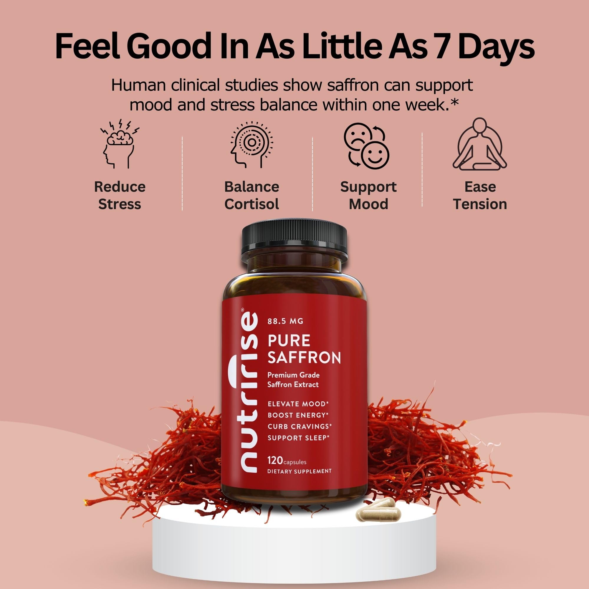 NutriRise Saffron Supplements 120 Capsules, 88.5mg Pure Extract - 4 Month Supply for Mood, Energy, Sleep, Stress & Cortisol Support - Non-GMO