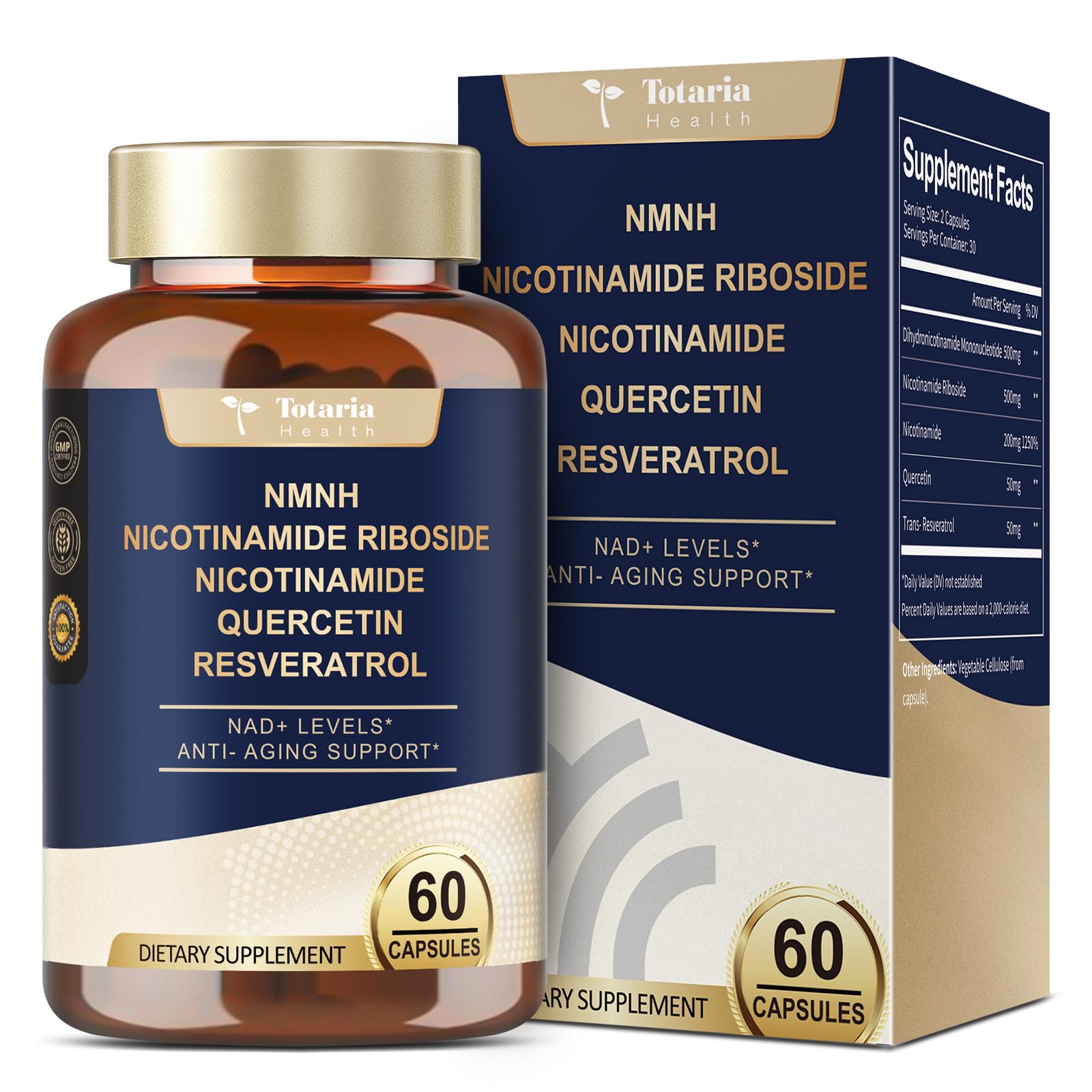 Totaria NMNH (NMN Alternative Supplement) (Dihydronicotinamide Mononucleotide) Ultra Strength, NAD+ Support w/Resveratrol & Quercetin, Ultra Absorption for Anti-Aging, Vegan, 60 Counts Totaria Au supplements