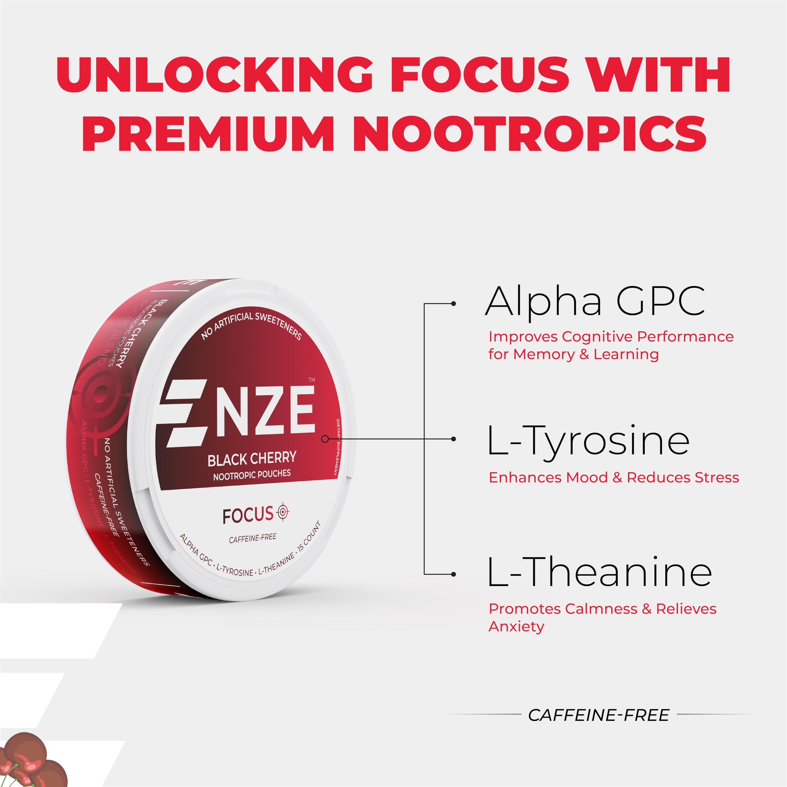NZE Caffeine Free Nootropic Pouches (Black Cherry) - Nootropic Pouches with Alpha GPC, L-Tyrosine & L-Theanine - No Sugar or Artificial Sweeteners - 15 Pouches Per Can - 5 Pack NZE Au supplements