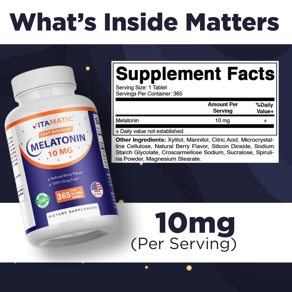 Vitamatic Melatonin 10 mg Fast Dissolve Tablets – Quick-Dissolving Sleep Support Supplement for Adults – Vegetarian, Non-GMO & Gluten-Free