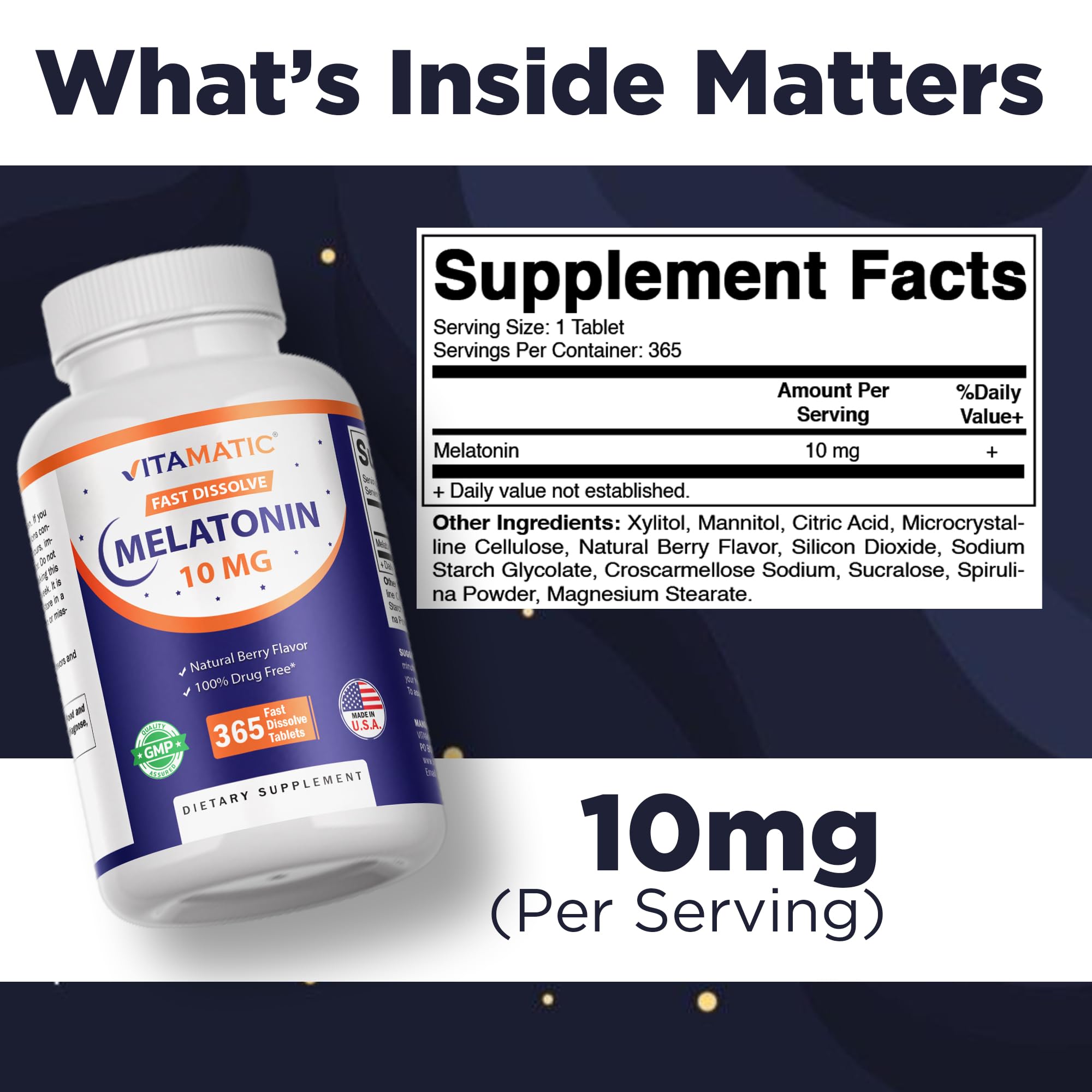 Vitamatic Melatonin 10 mg Fast Dissolve Tablets – Quick-Dissolving Sleep Support Supplement for Adults – Vegetarian, Non-GMO & Gluten-Free