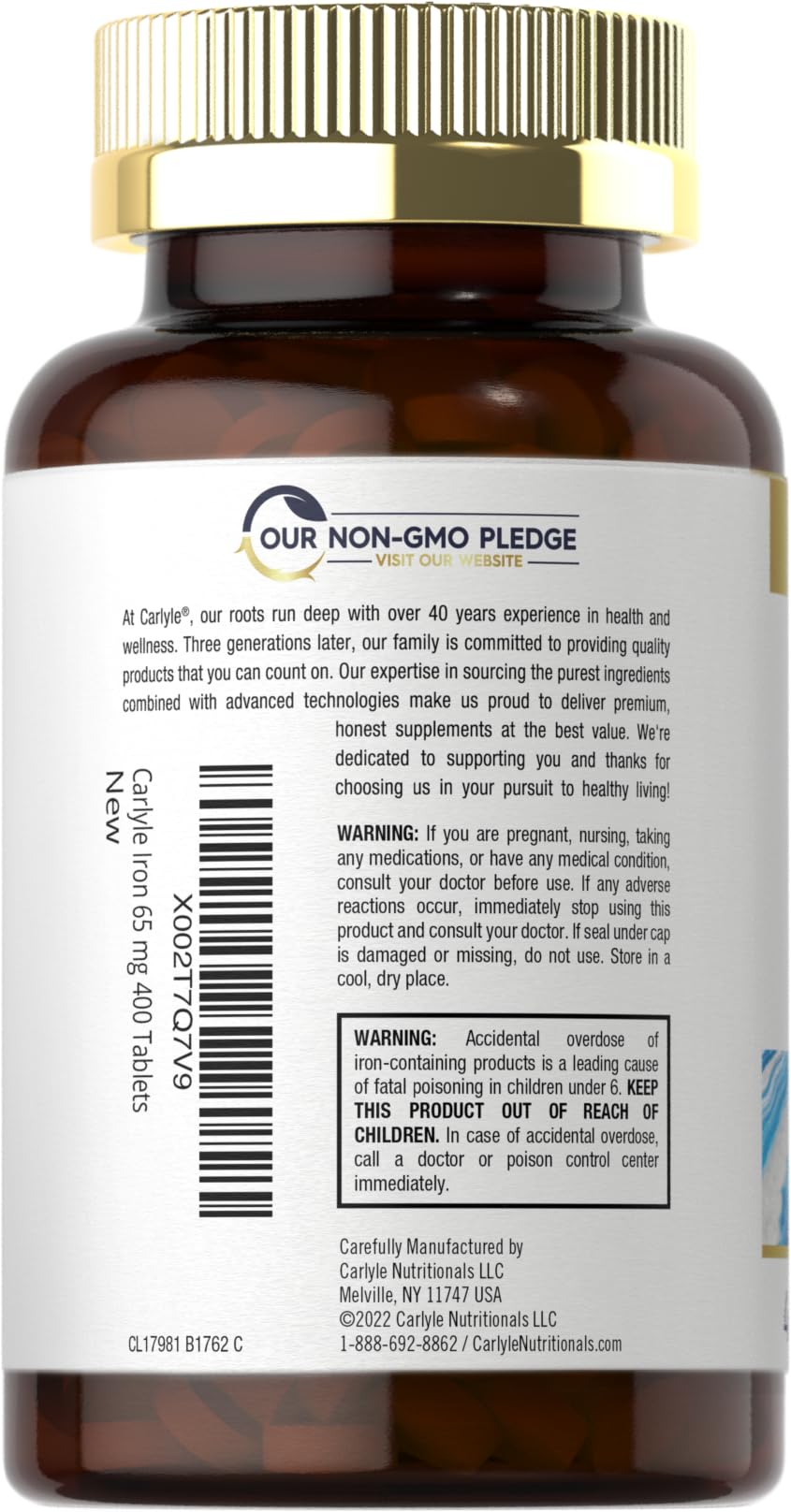 Carlyle Iron Ferrous Sulfate 325mg, 65 mg | 400 Tablets | Non-GMO, Gluten Free, and Vegetarian Supplement | High Potency