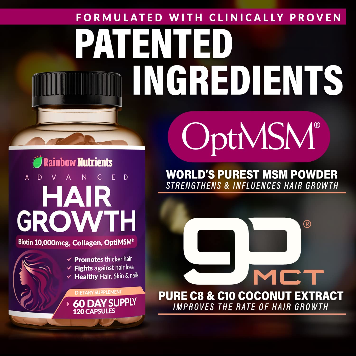 Hair Growth Vitamins for Women | Biotin 10,000mcg, Collagen, Patented OptiMSM®, goMCT