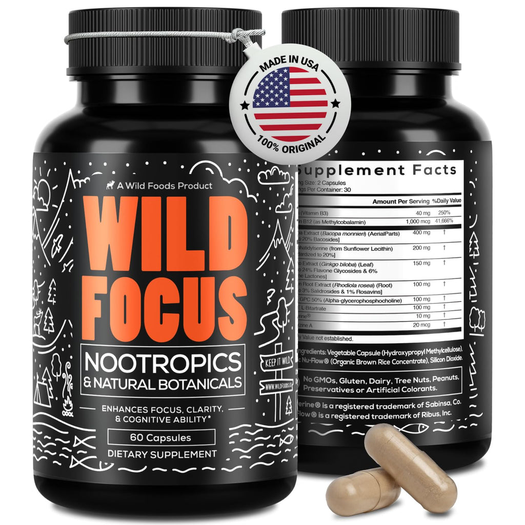 Wild Focus Brain Supplements | Caffeine-Free, Plant-Based Botanicals | Lions Mane, Ginkgo Biloba, Bacopa Monnieri, Lemon Balm | 100% Natural Nootropic | 60 caps Wild Foods Au supplements