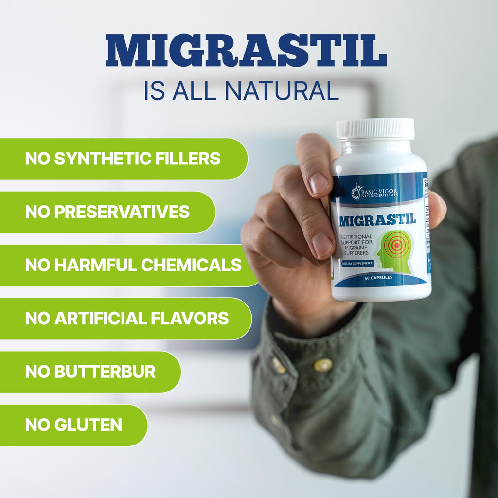 Basic Vigor Migrastil Migraine Support Capsules. Feverfew, Magnesium, Taurine & Vitamin B1 for Migraines Natural Supplement. Made in The USA. Vegan and Gluten Free. Basic Vigor Au supplements