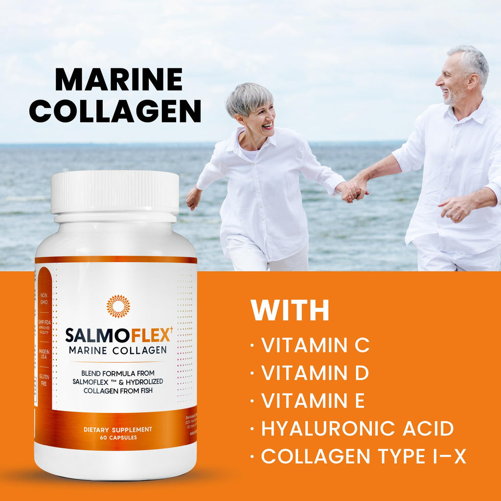 VITASEI Salmoflex Marine Collagen Peptides Pills W/Hyaluronic Acid, Vitamin C, D, E | Salmon Supplements - Hair, Skin, Nails | Multivitamin for Women & Men | Knee, Joint Relief - 60 Capsules VITASEI Au supplements
